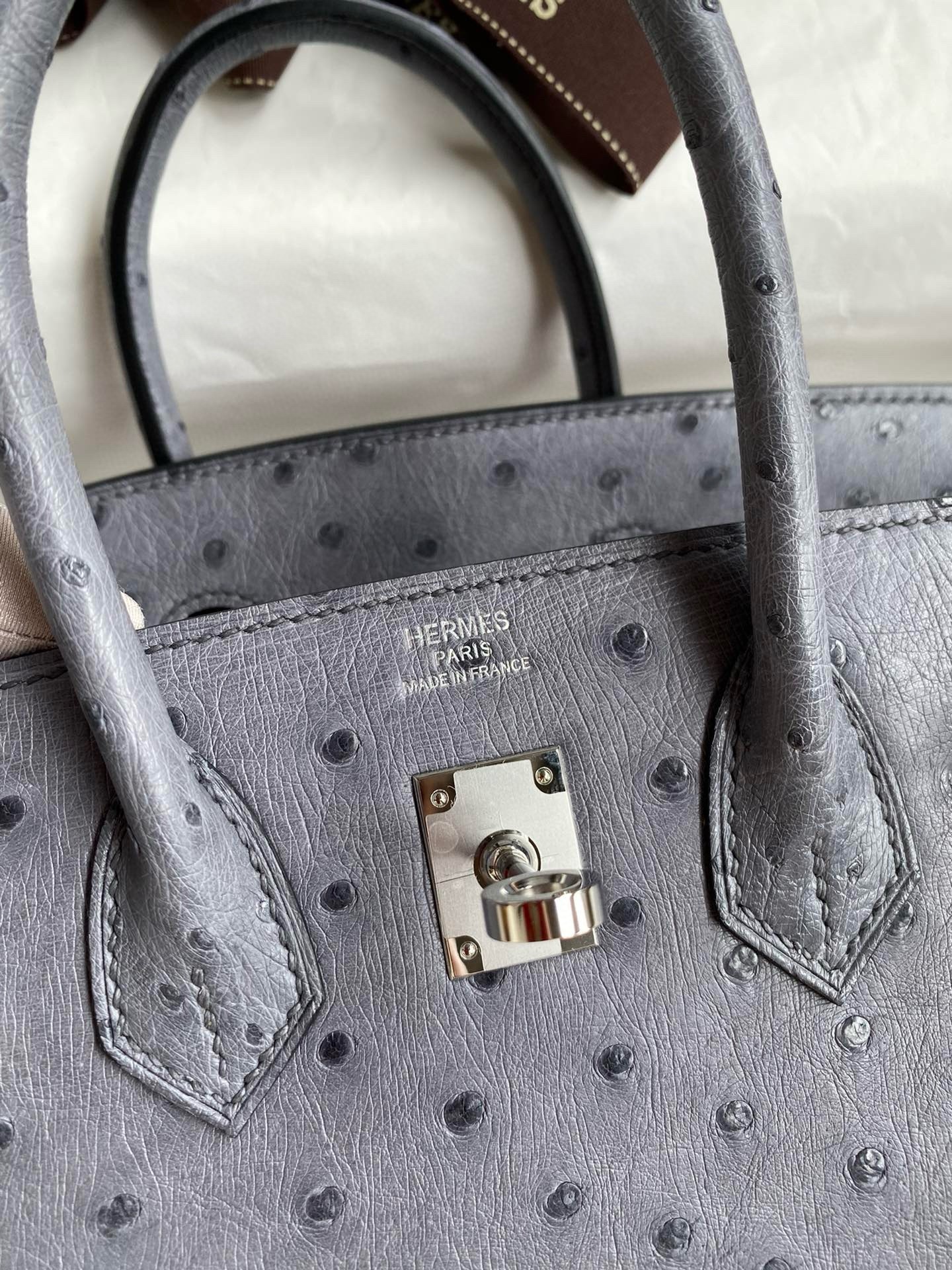 H**mes birkin 25 retourne handmade bag in gris agate ostrich leather