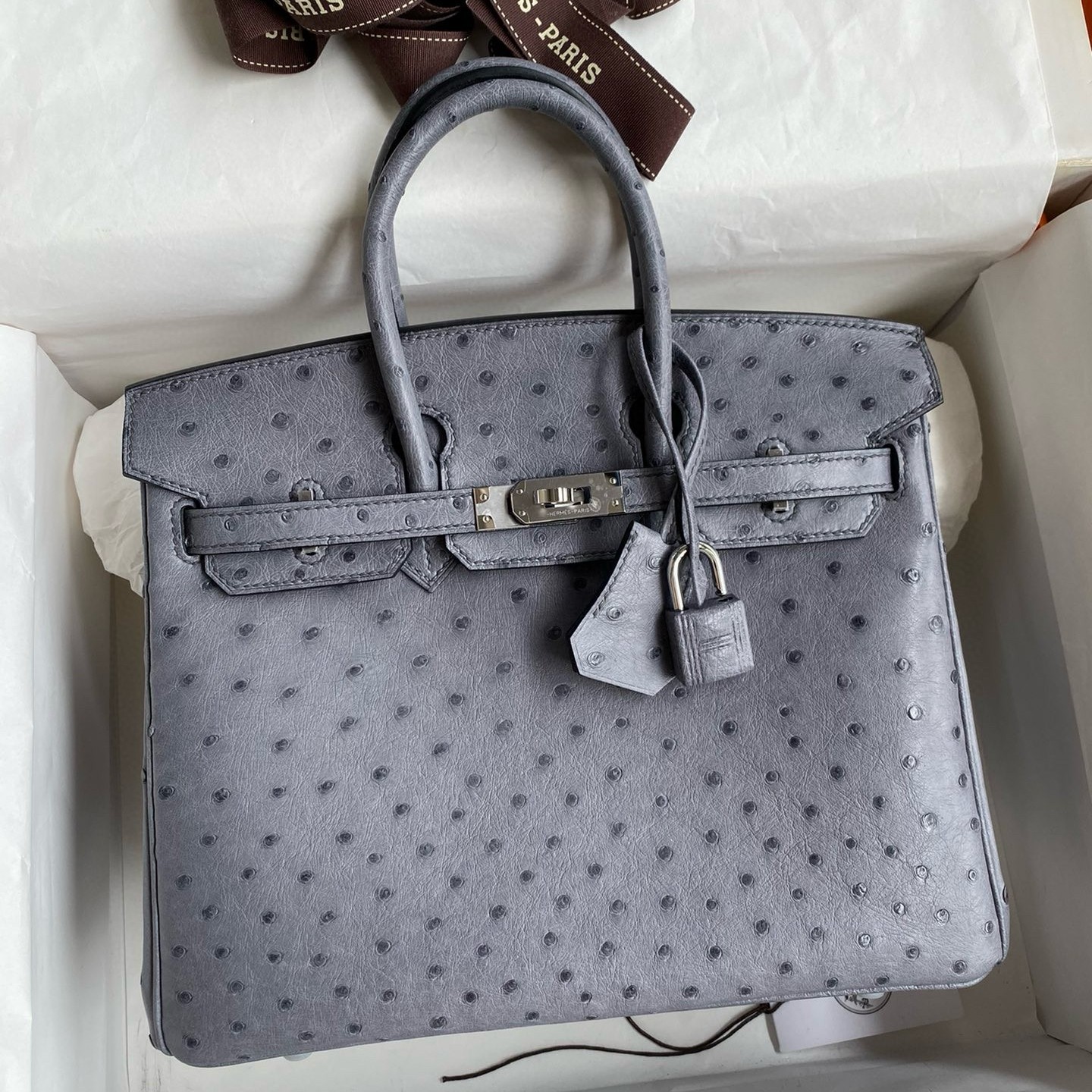 H**mes birkin 25 retourne handmade bag in gris agate ostrich leather