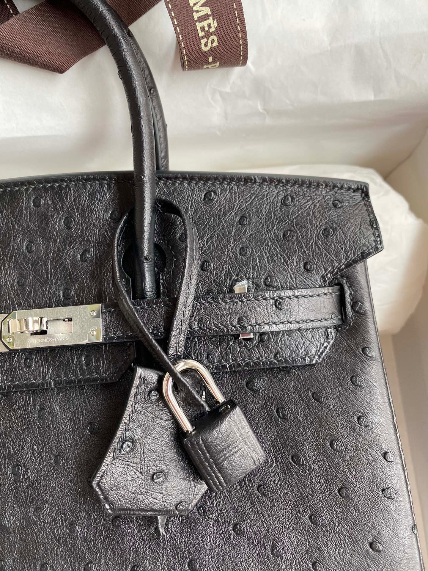 H**mes birkin 25 retourne handmade bag in black ostrich leather