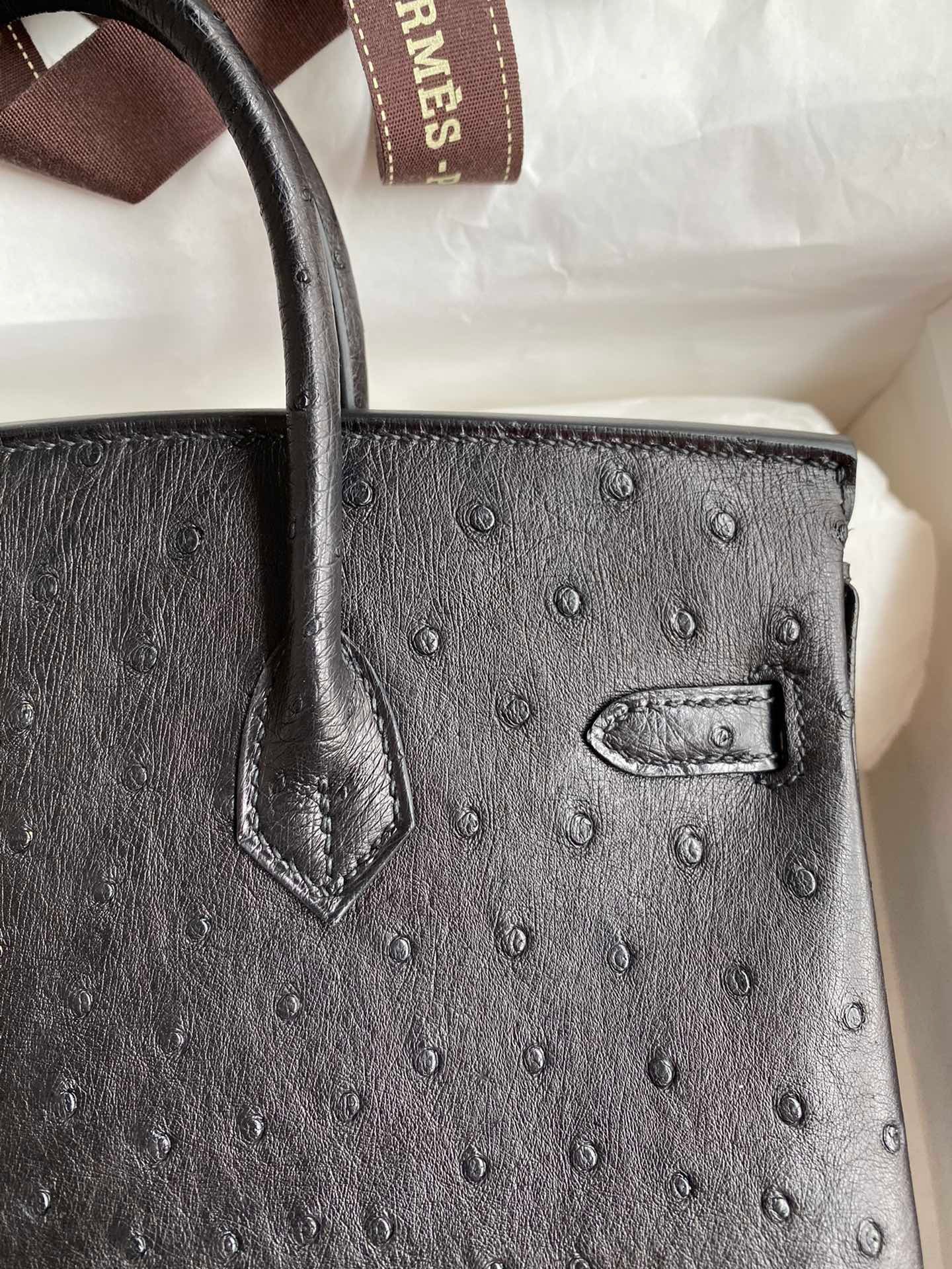 H**mes birkin 25 retourne handmade bag in black ostrich leather