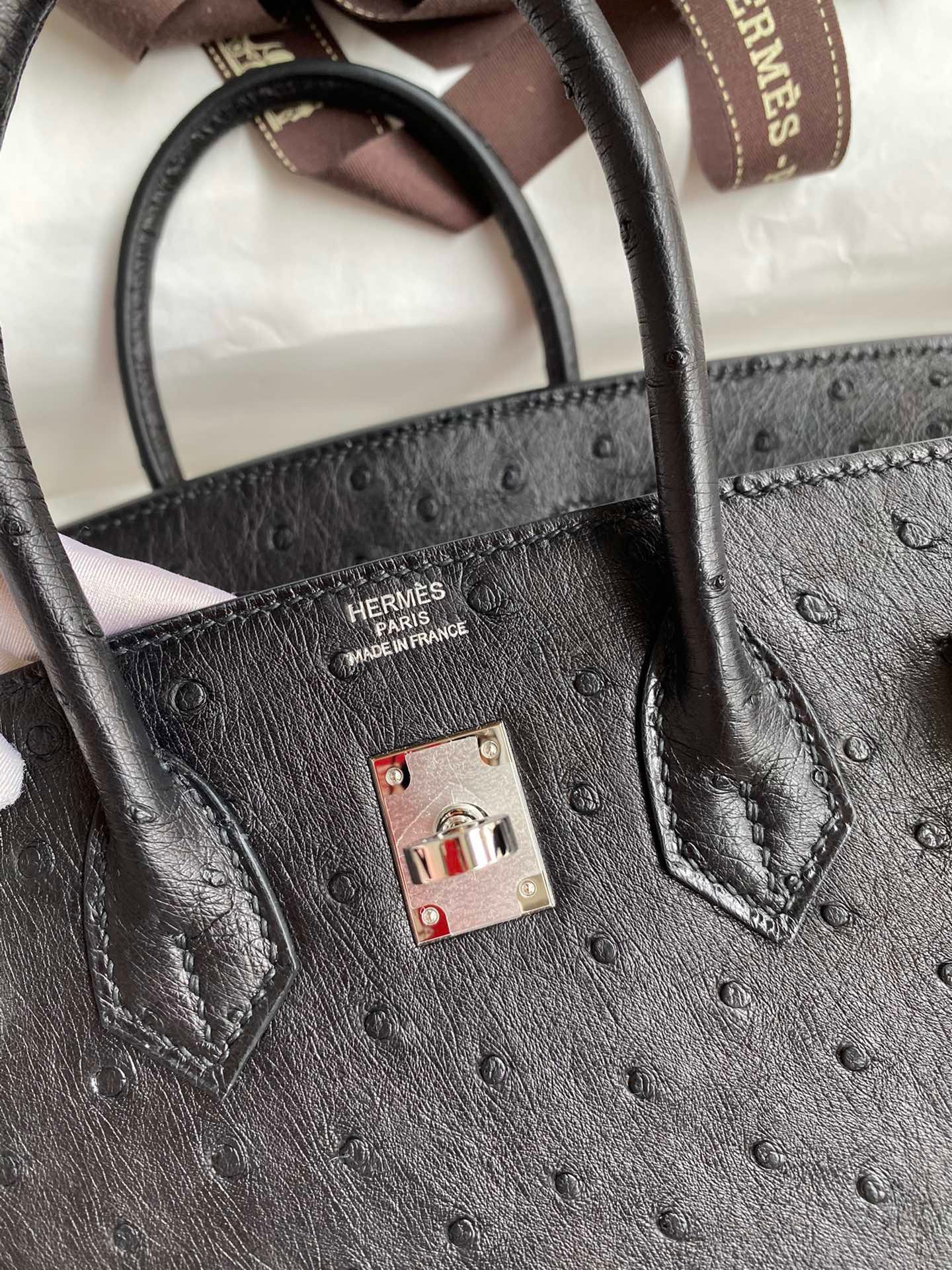H**mes birkin 25 retourne handmade bag in black ostrich leather
