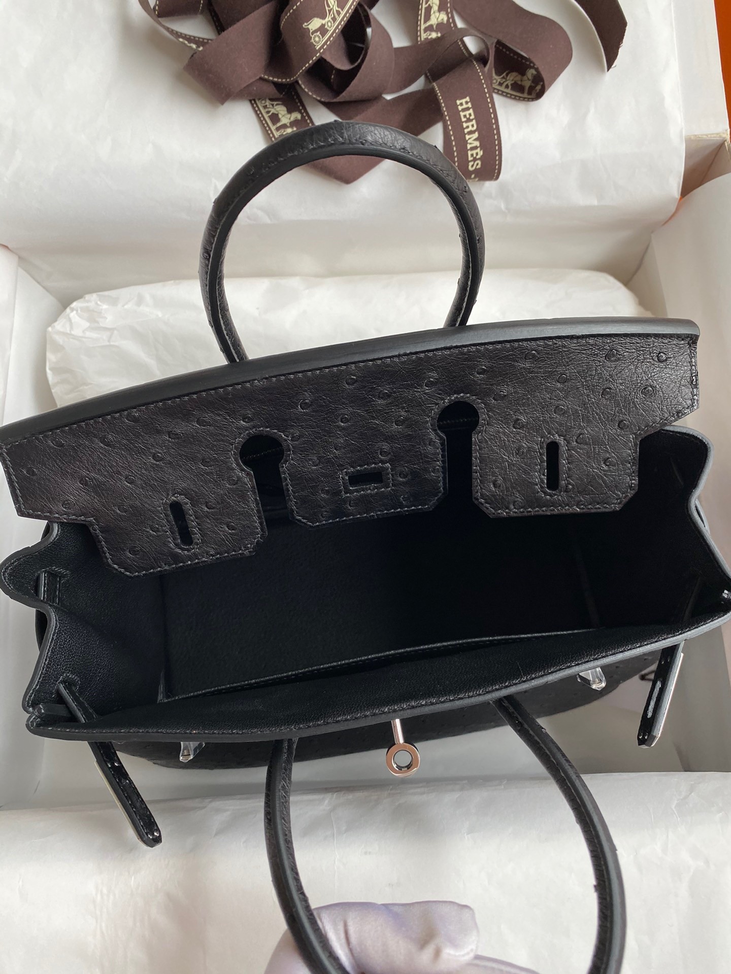 H**mes birkin 25 retourne handmade bag in black ostrich leather
