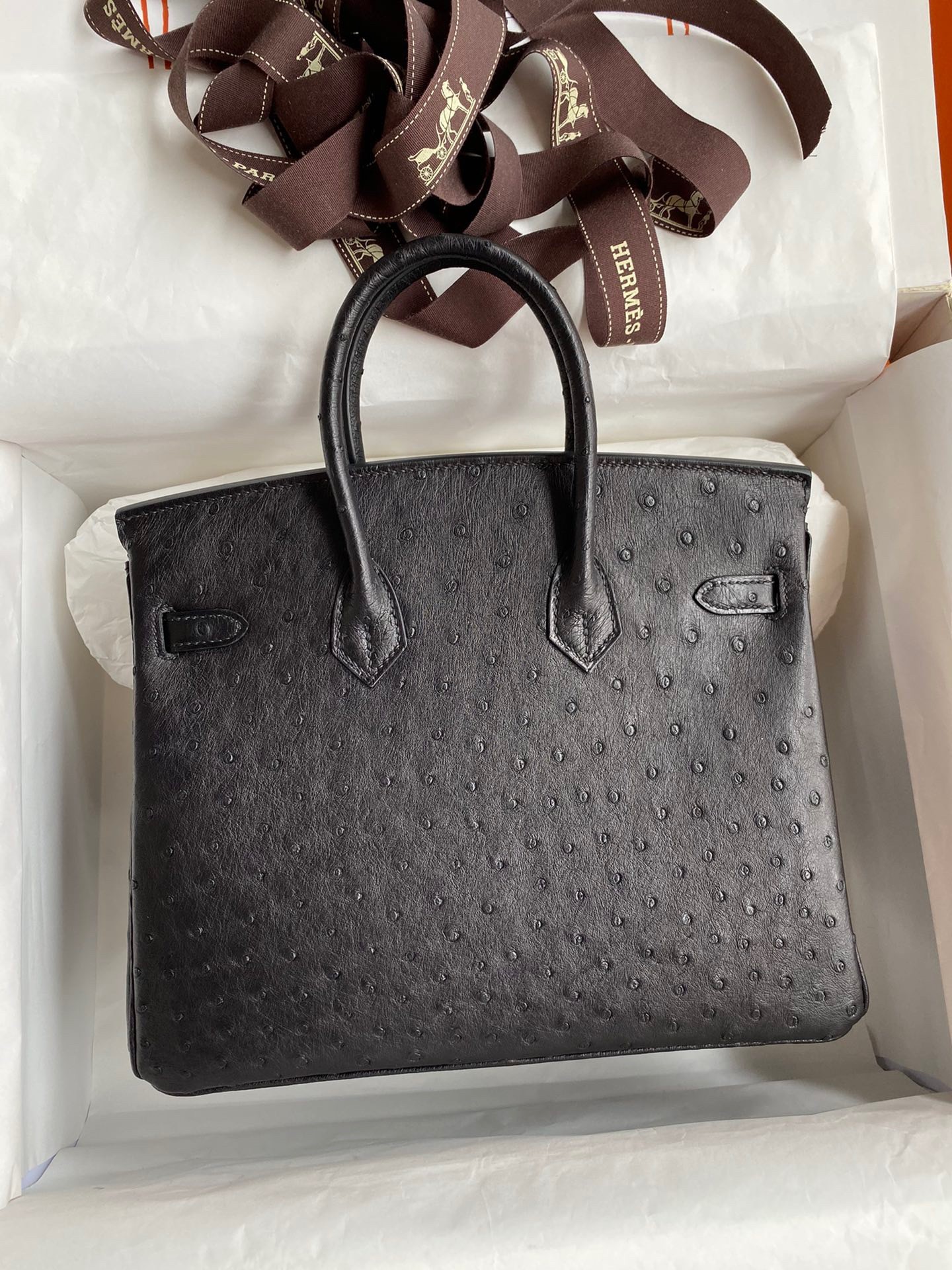 H**mes birkin 25 retourne handmade bag in black ostrich leather