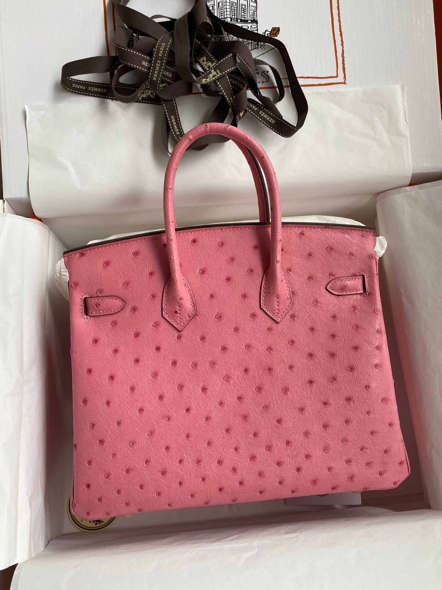 H**mes birkin 25 retourne handmade bag in pink ostrich leather