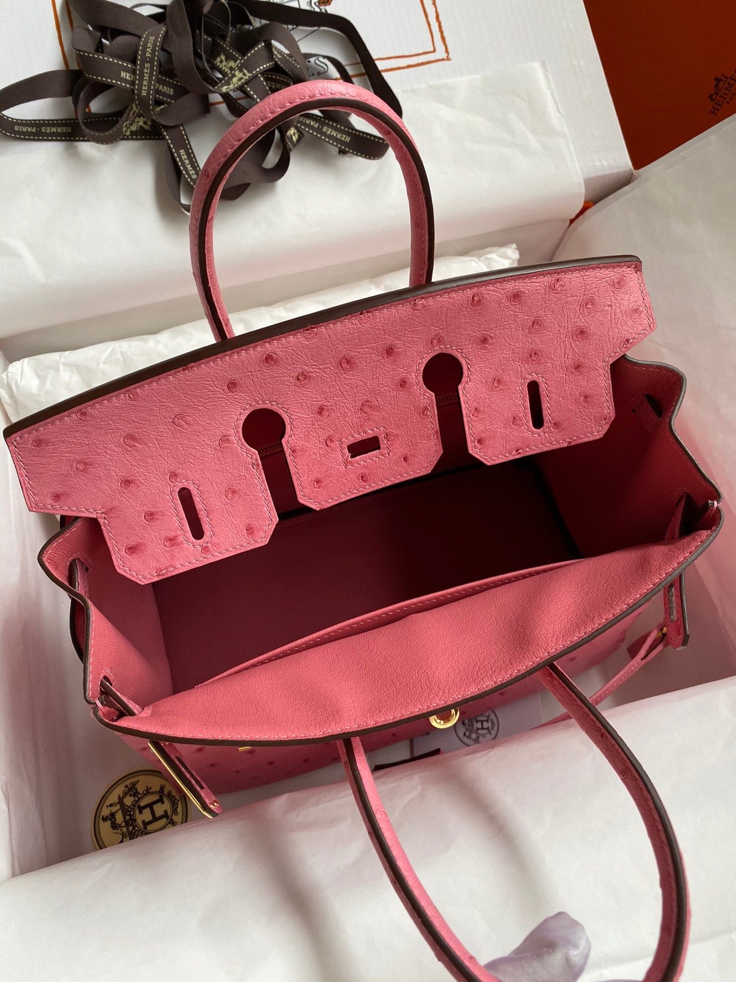H**mes birkin 25 retourne handmade bag in pink ostrich leather