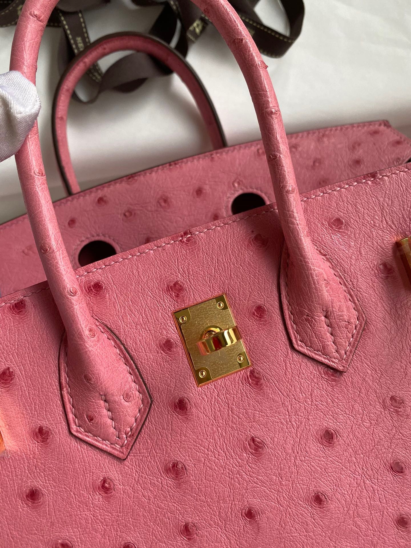 H**mes birkin 25 retourne handmade bag in pink ostrich leather