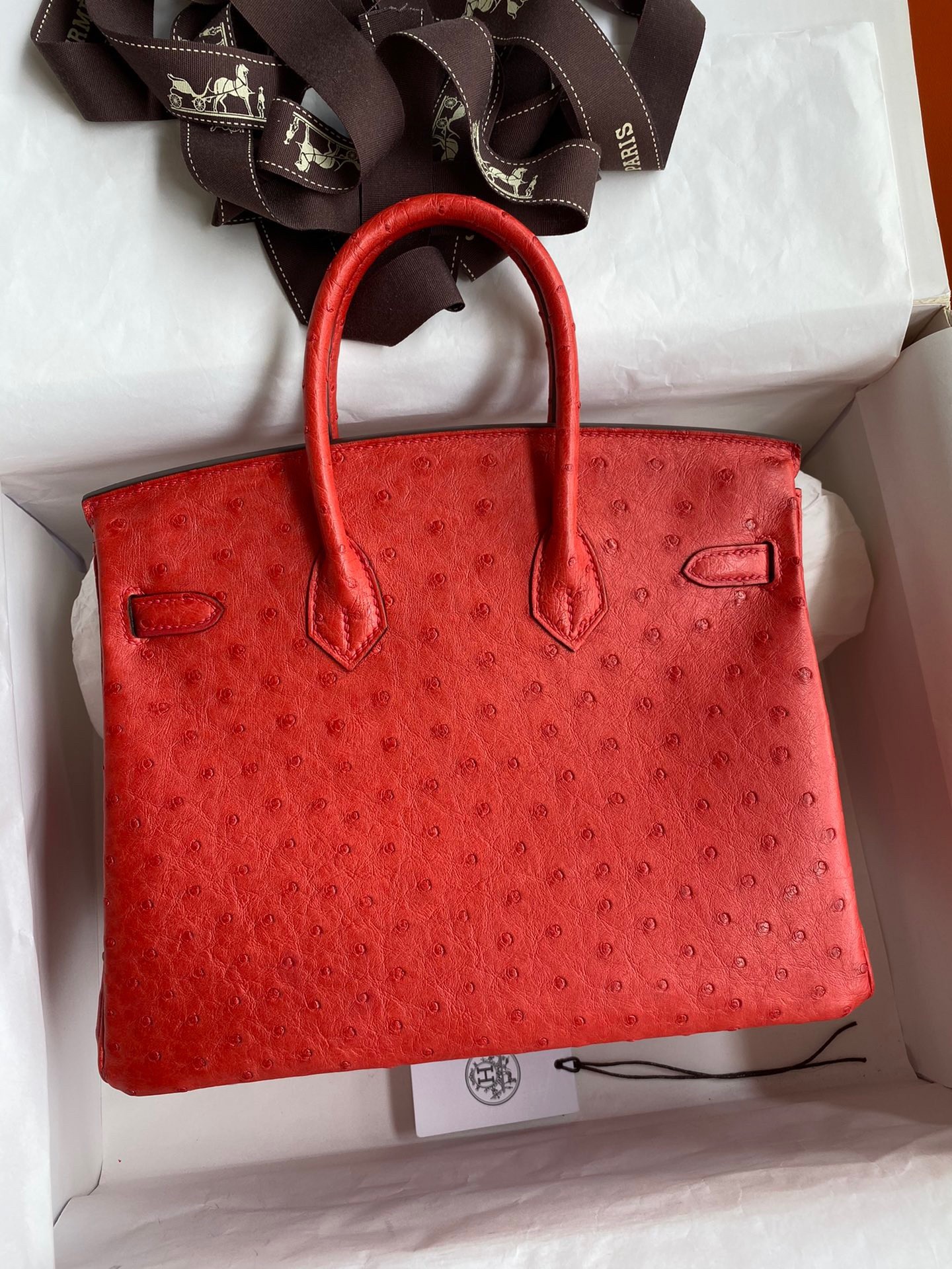 H**mes birkin 25 retourne handmade bag in red ostrich leather