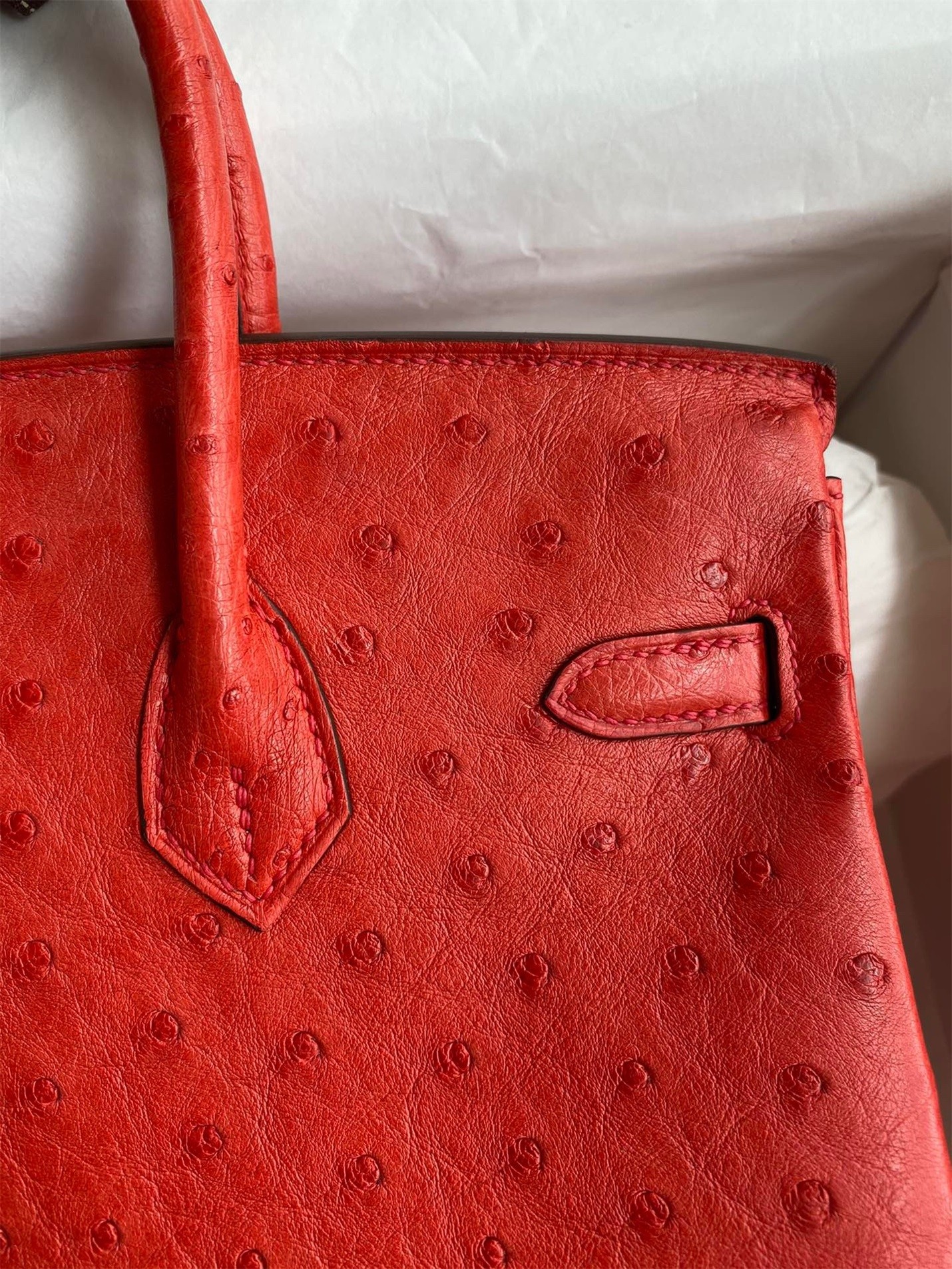 H**mes birkin 25 retourne handmade bag in red ostrich leather