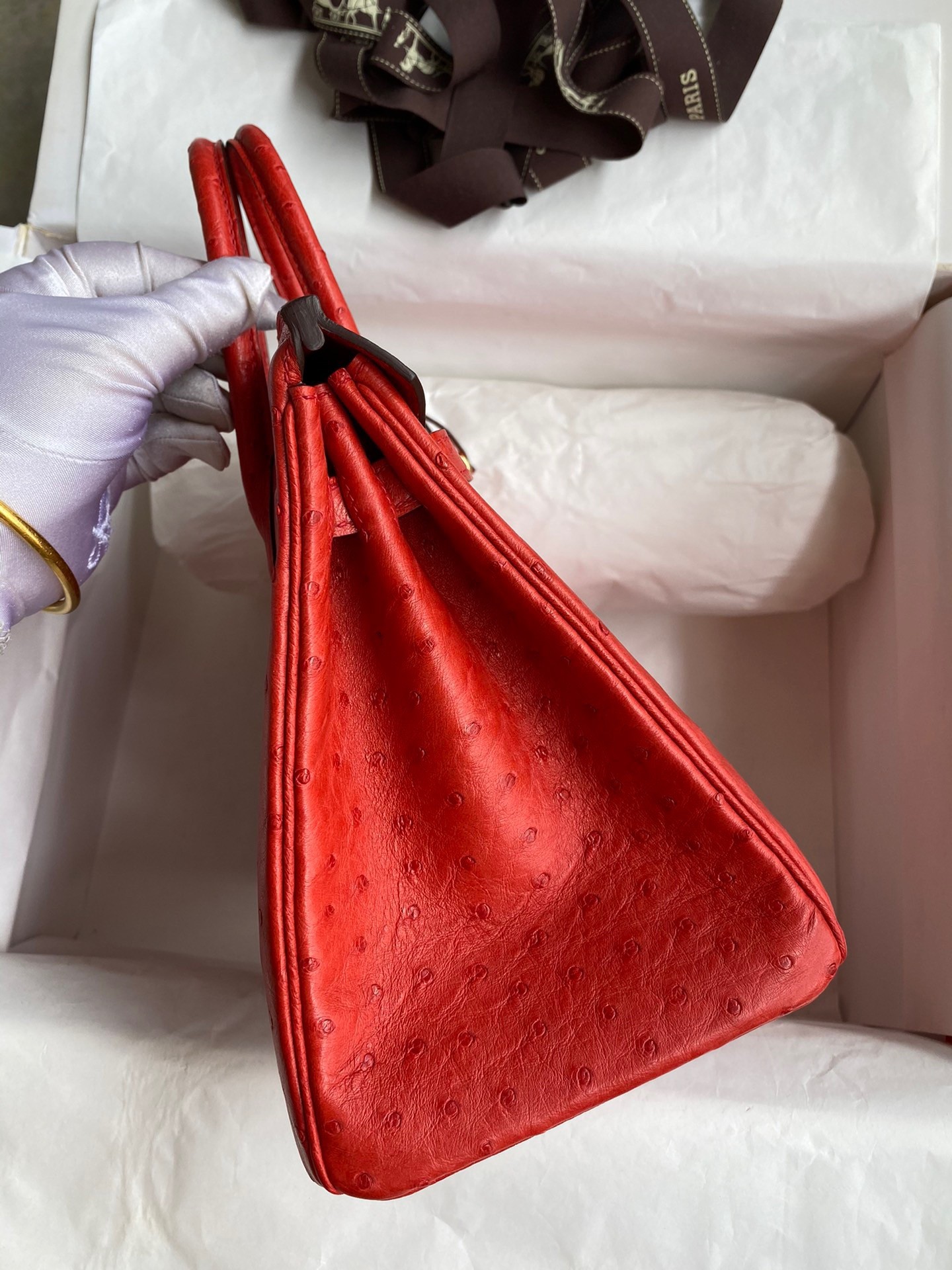 H**mes birkin 25 retourne handmade bag in red ostrich leather