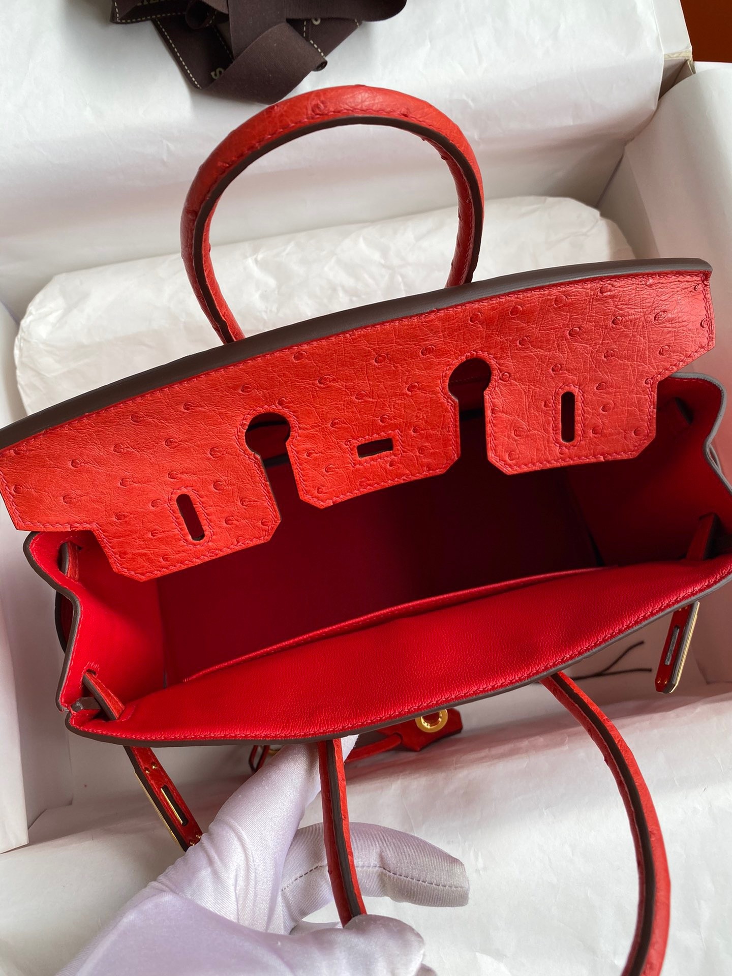 H**mes birkin 25 retourne handmade bag in red ostrich leather