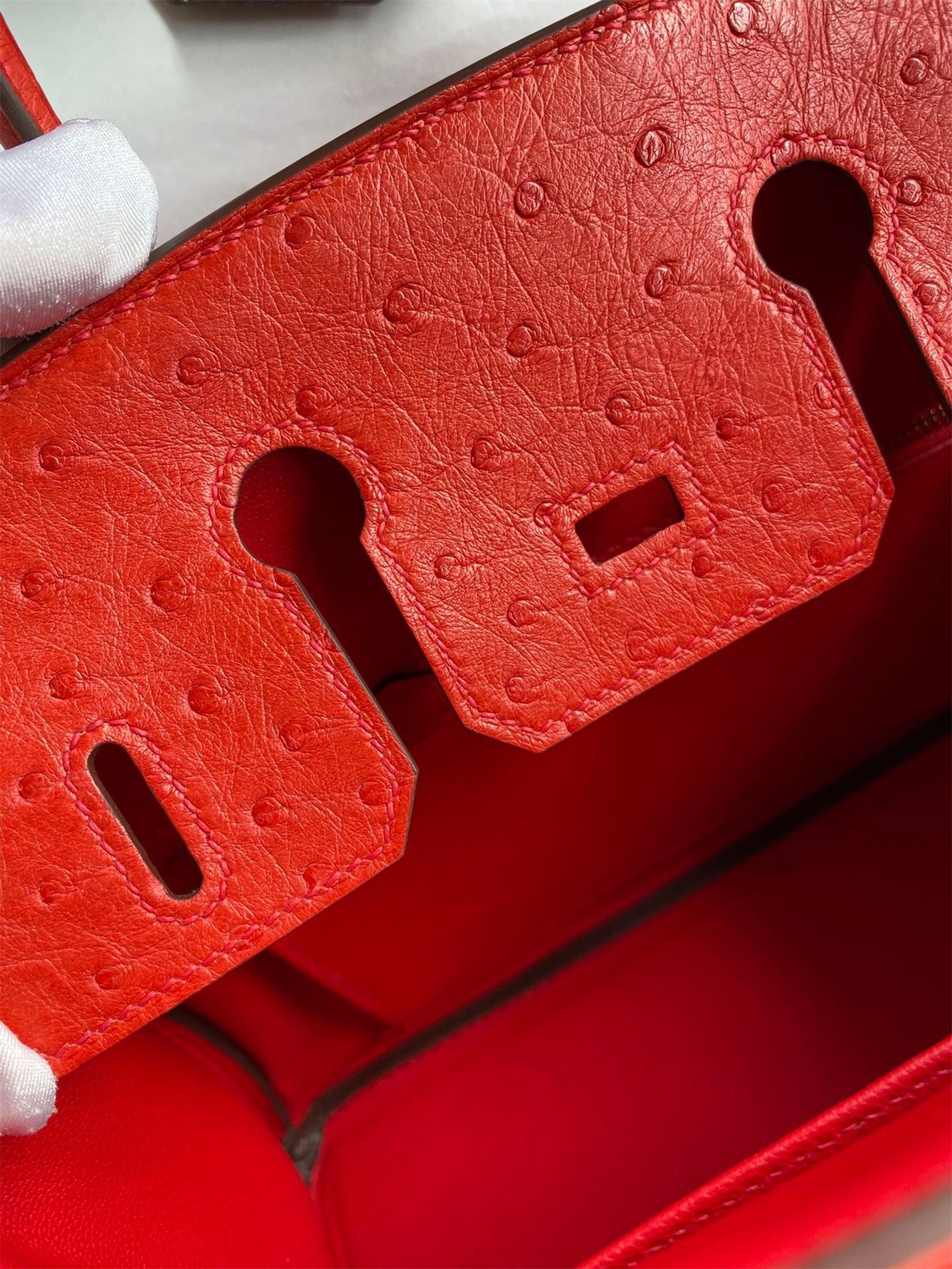 H**mes birkin 25 retourne handmade bag in red ostrich leather