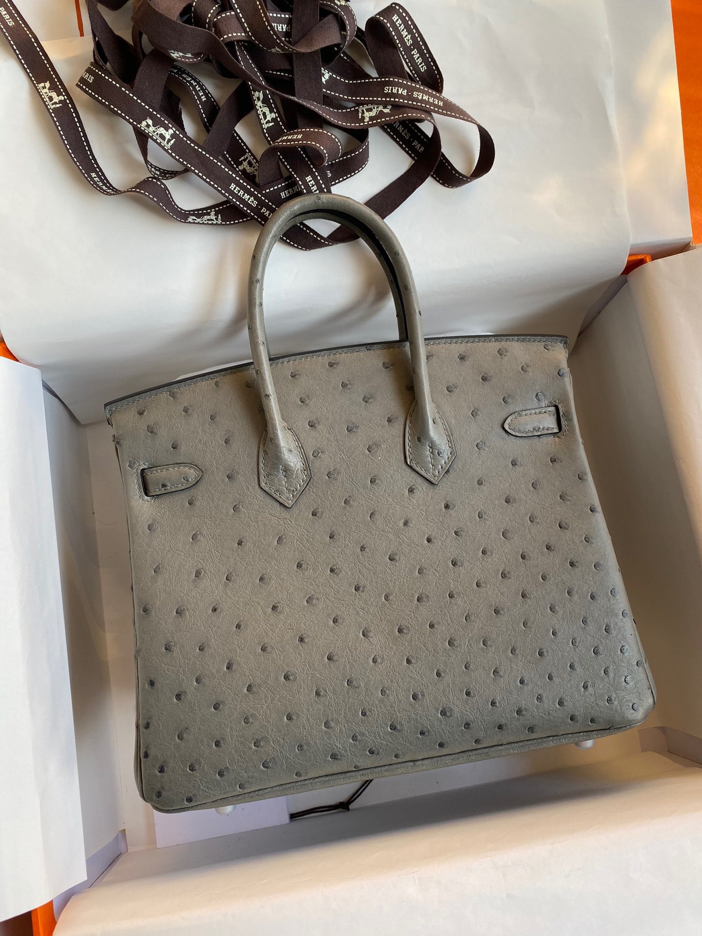 H**mes birkin 25 retourne handmade bag in gris tourterelle ostrich leather