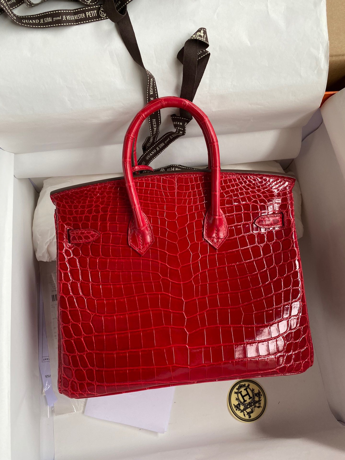 H**mes birkin 25 handmade bag in red crocodile porosus shiny skin
