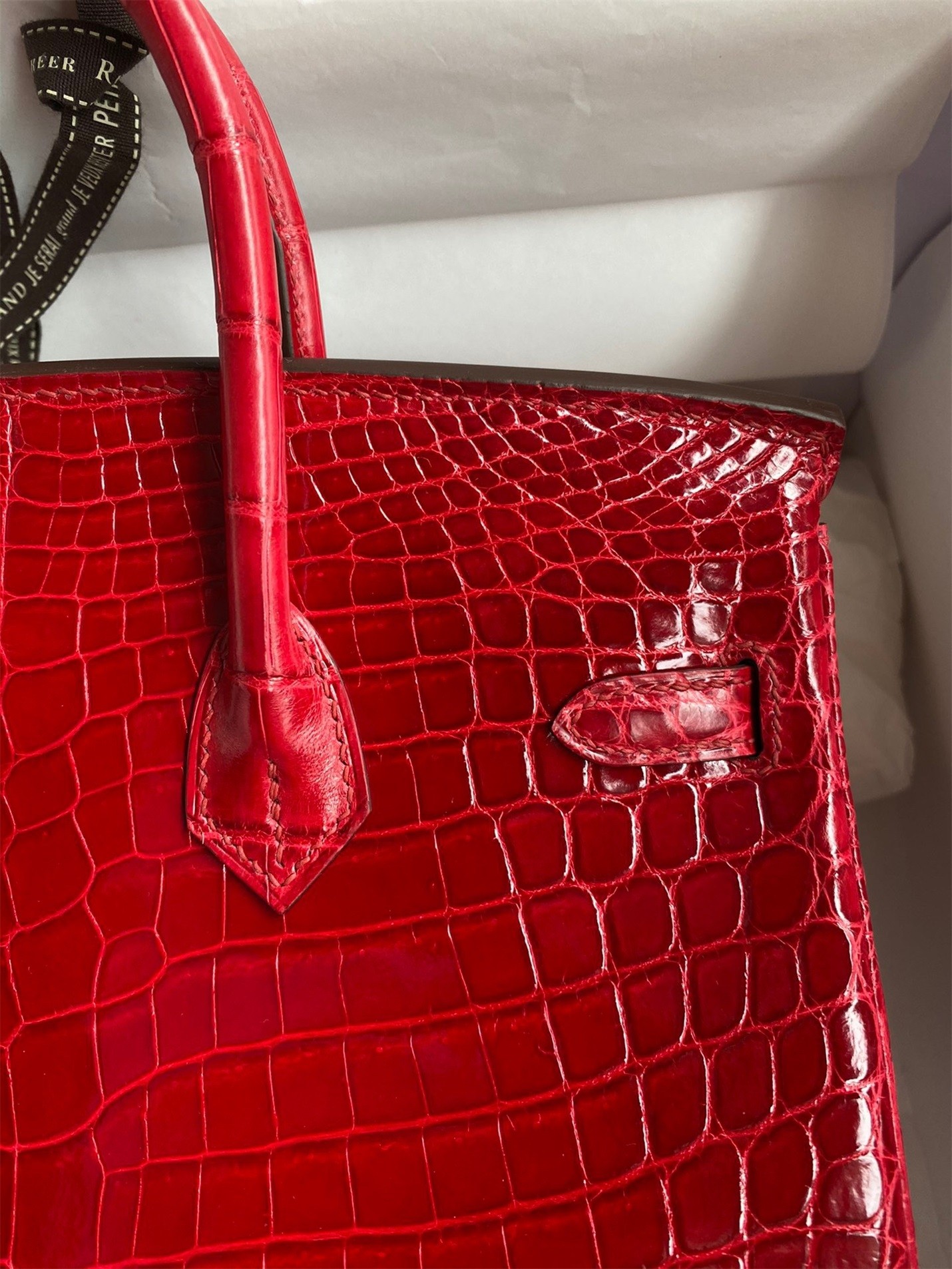H**mes birkin 25 handmade bag in red crocodile porosus shiny skin
