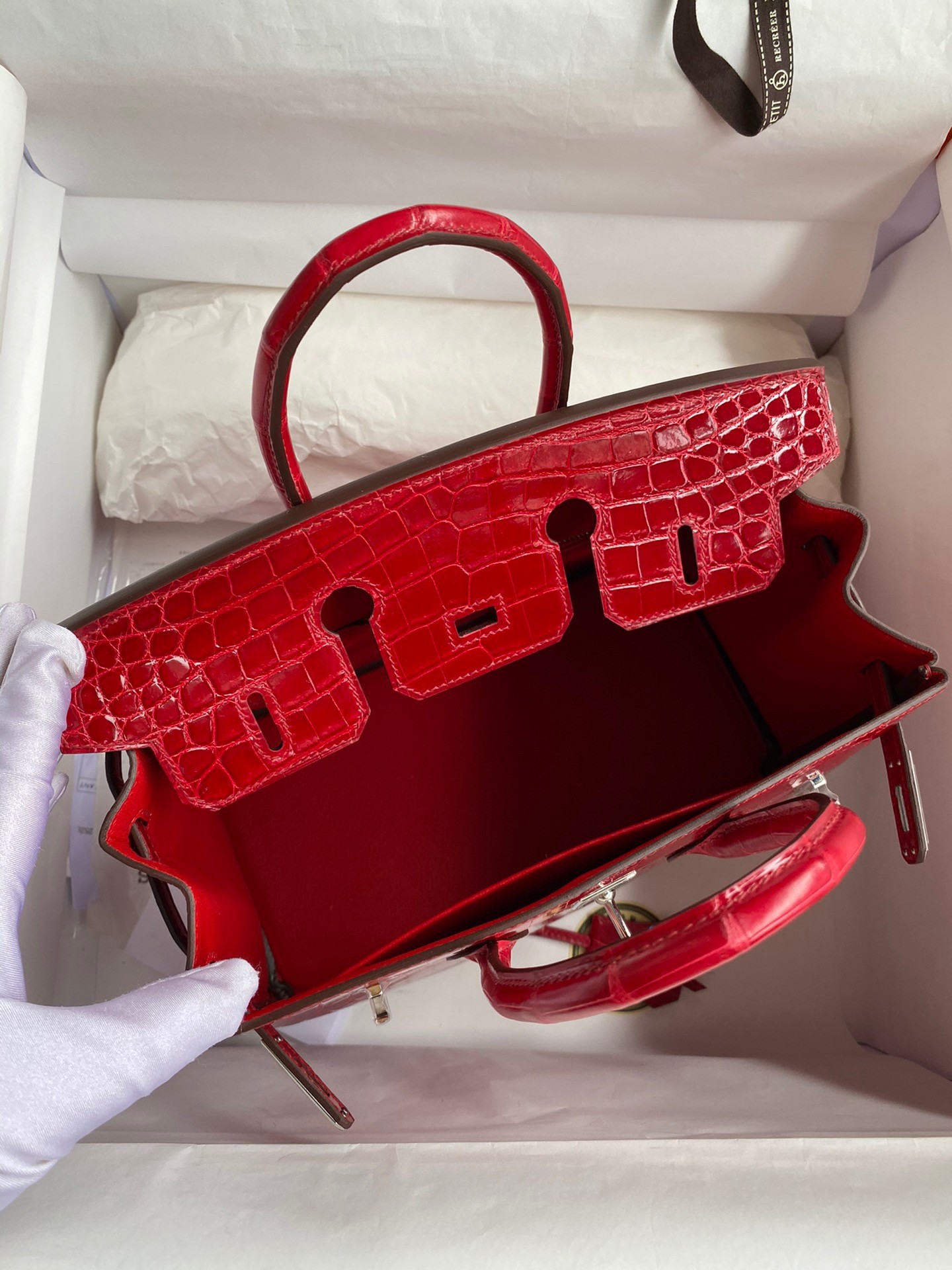H**mes birkin 25 handmade bag in red crocodile porosus shiny skin