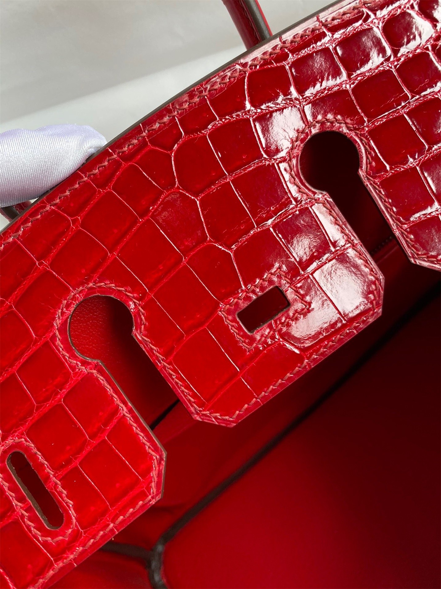 H**mes birkin 25 handmade bag in red crocodile porosus shiny skin