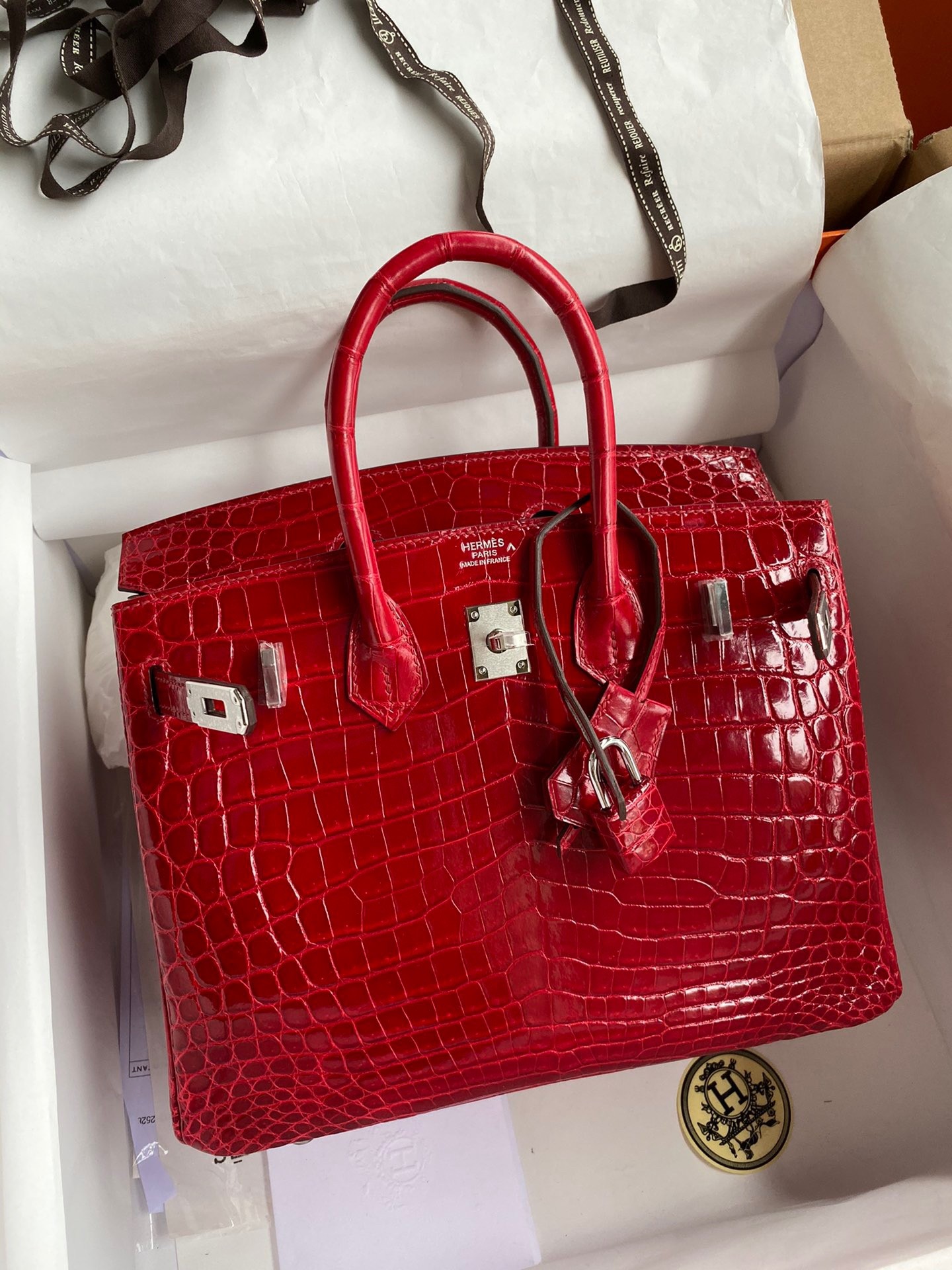 H**mes birkin 25 handmade bag in red crocodile porosus shiny skin