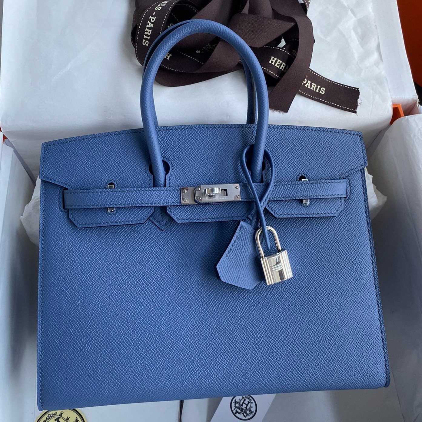 H**mes birkin 25 sellier handmade bag in blue brighton epsom calfskin