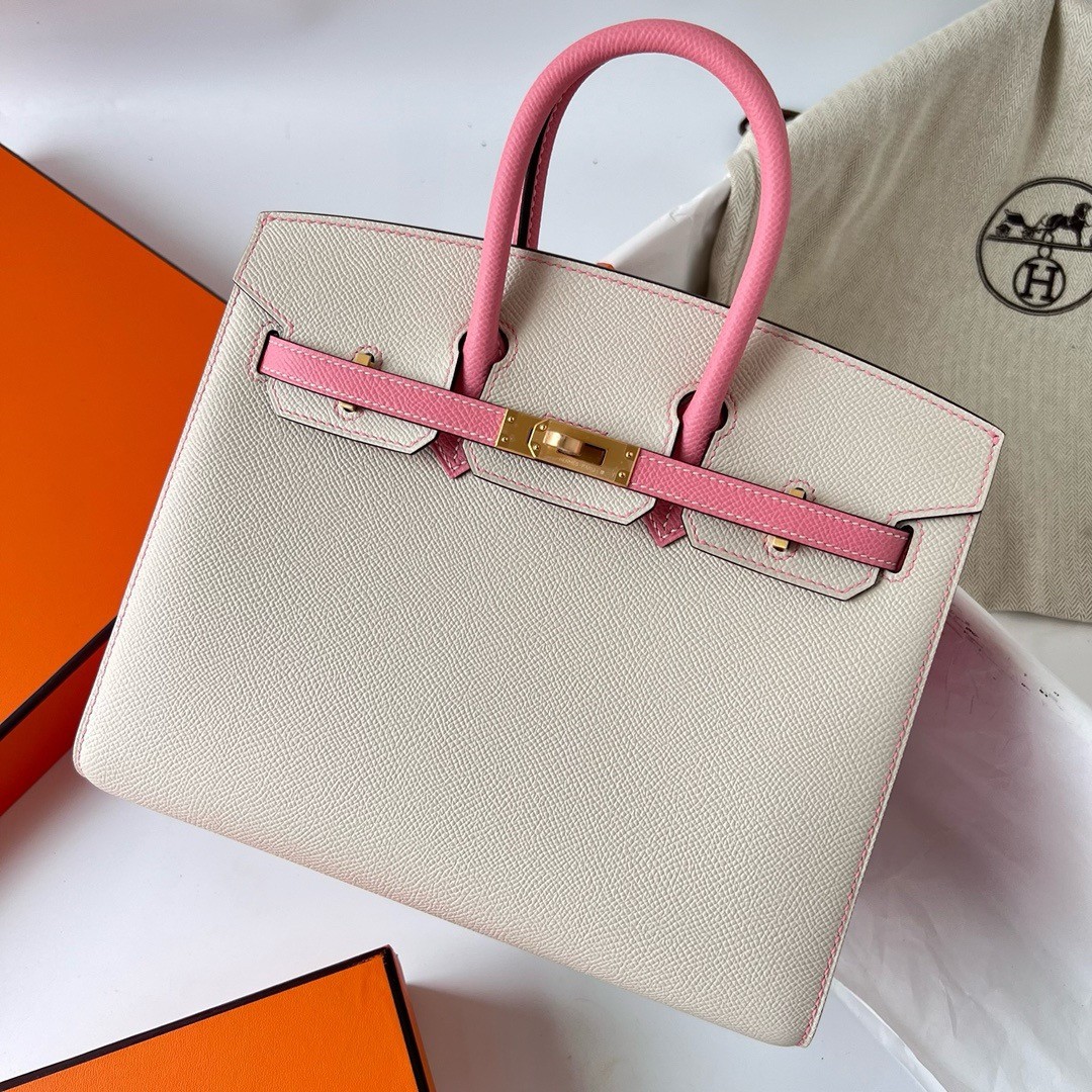 H**mes hss birkin 25 sellier bag in craie and rose confetti epsom calfskin