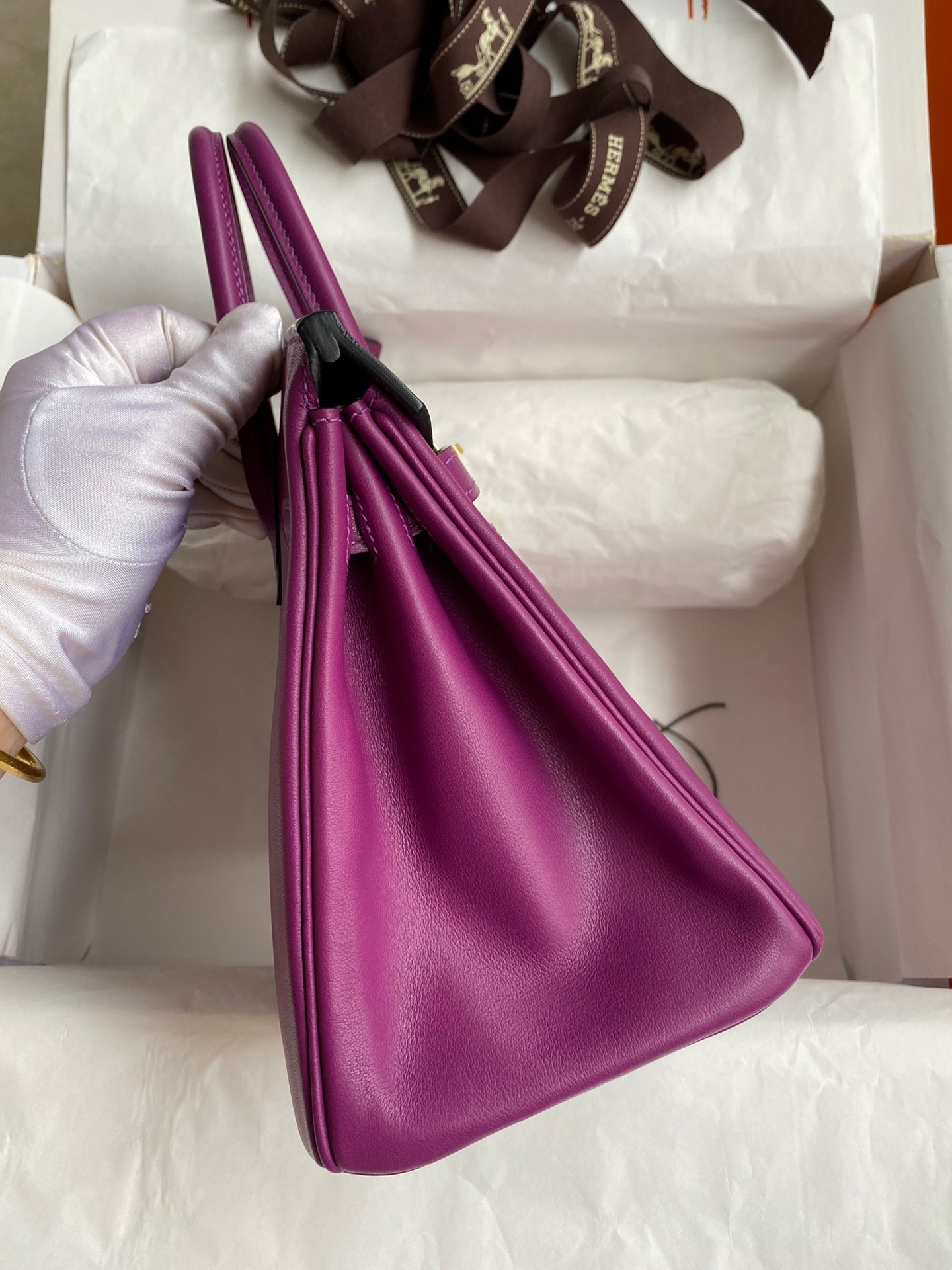 H**mes birkin 25 retourne handmade bag in anemone swift calfskin
