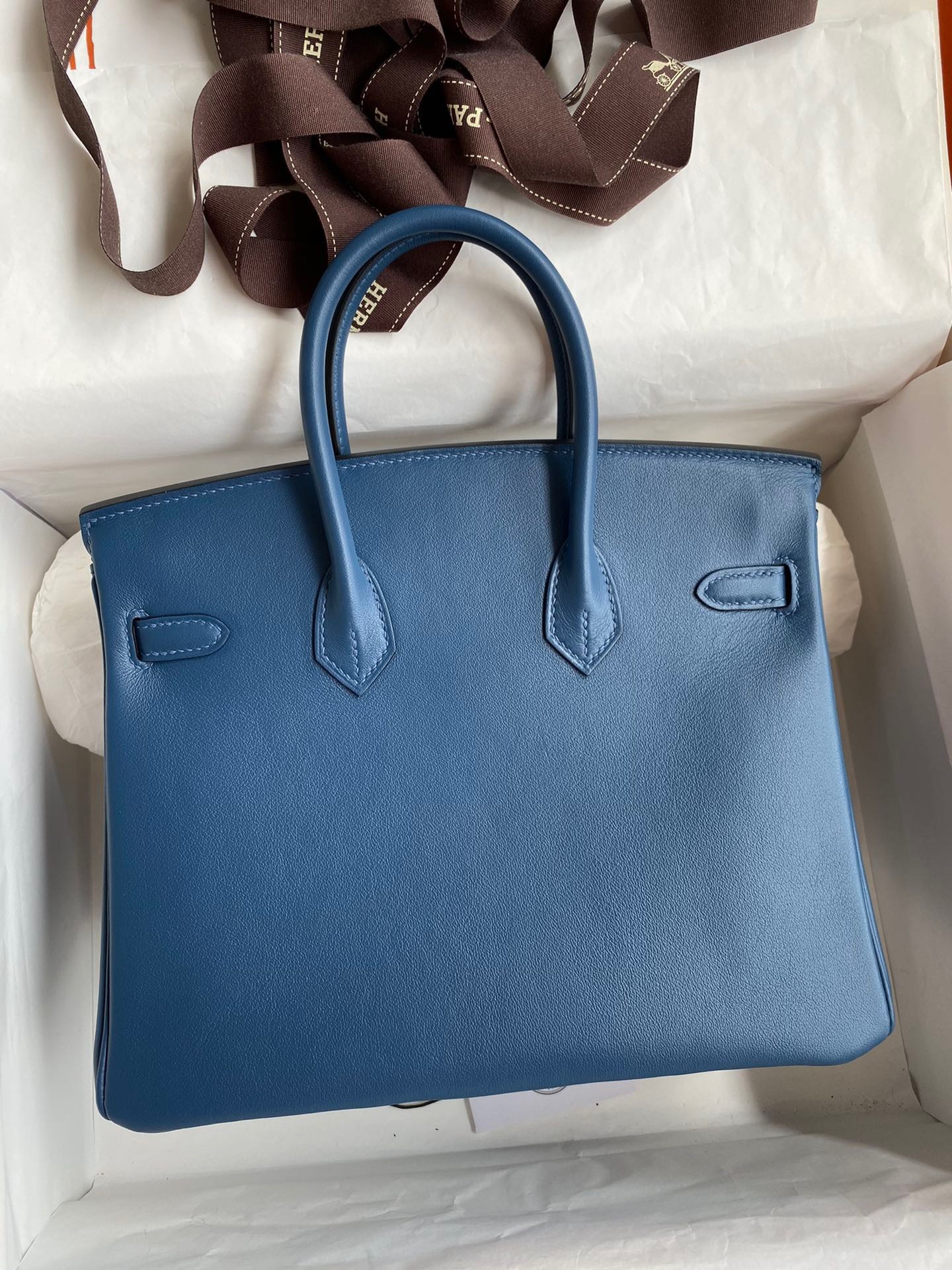 H**mes birkin 25 retourne handmade bag in deep blue swift calfskin