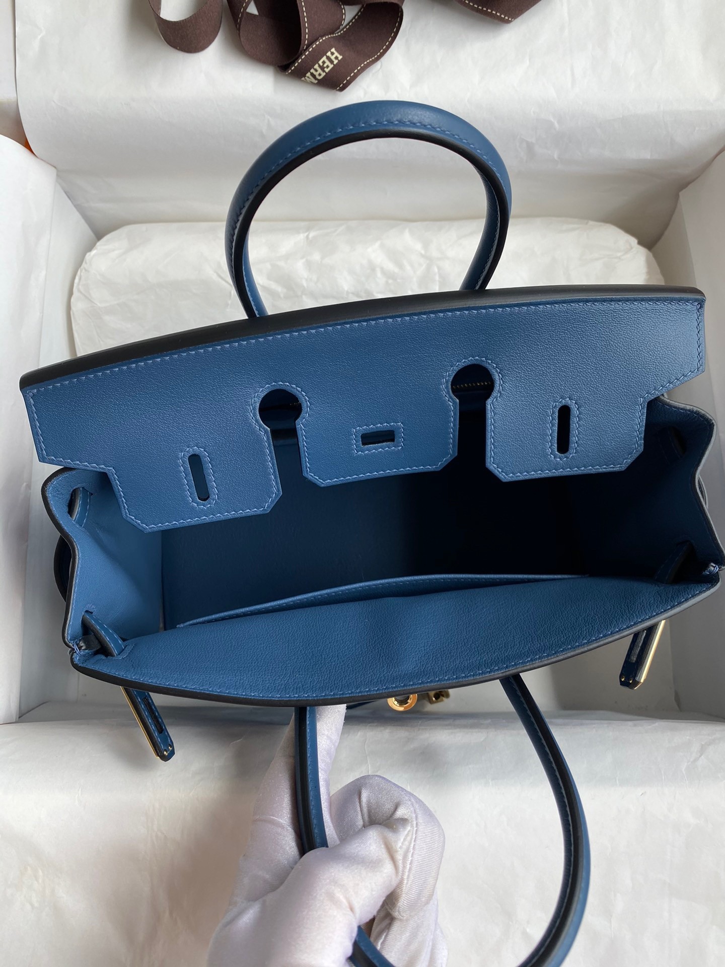 H**mes birkin 25 retourne handmade bag in deep blue swift calfskin
