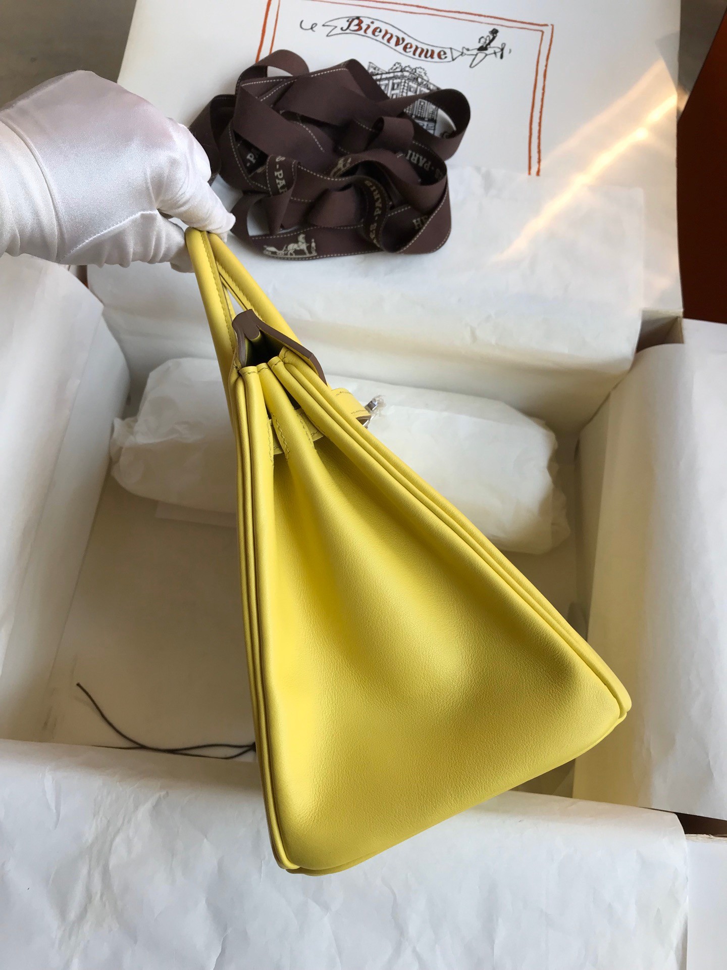 H**mes birkin 25 retourne handmade bag in lime swift calfskin