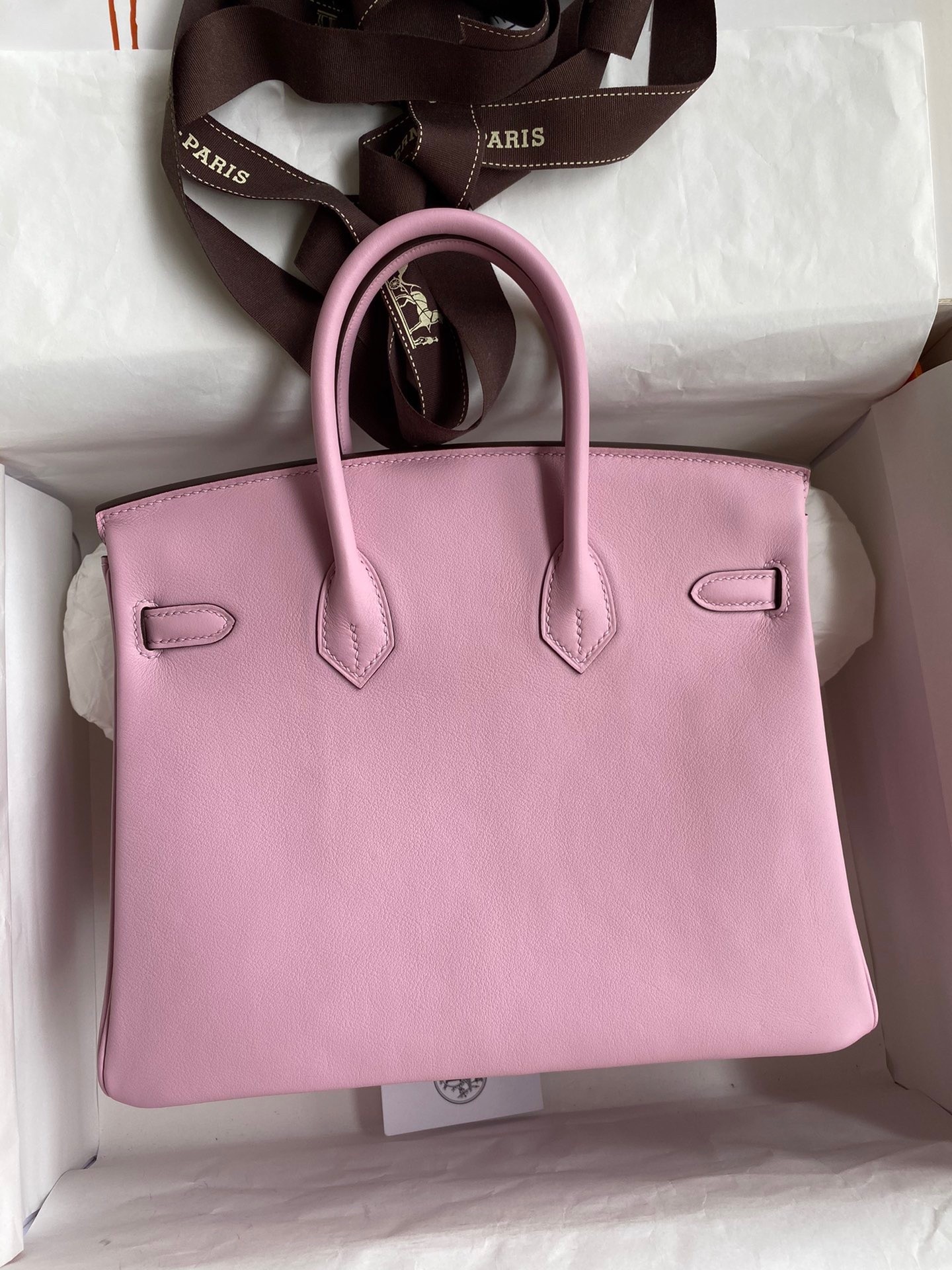 H**mes birkin 25 retourne handmade bag in mauve sylvestre swift calfskin
