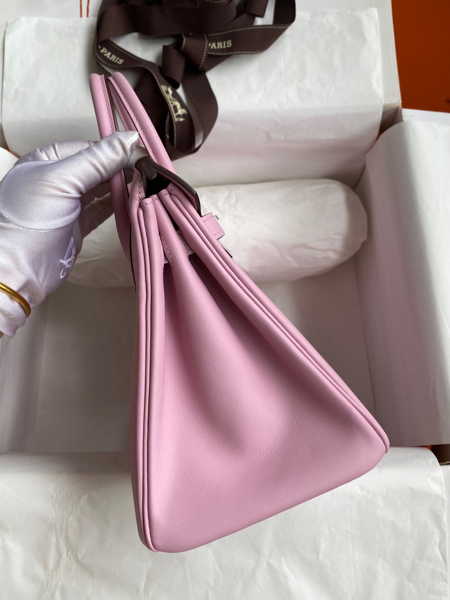 H**mes birkin 25 retourne handmade bag in mauve sylvestre swift calfskin