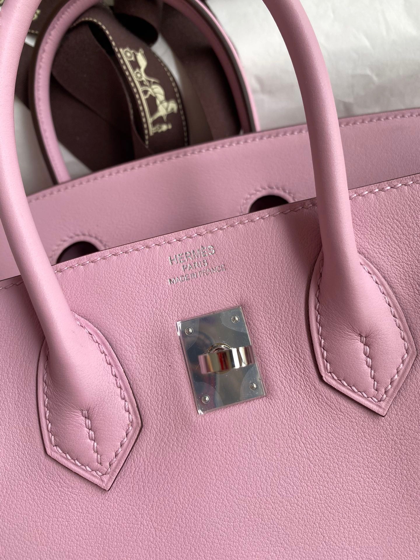 H**mes birkin 25 retourne handmade bag in mauve sylvestre swift calfskin
