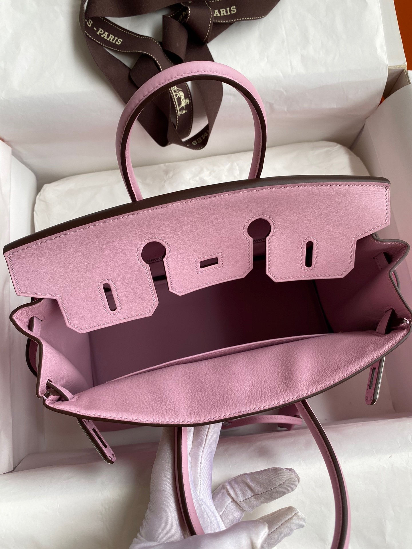 H**mes birkin 25 retourne handmade bag in mauve sylvestre swift calfskin