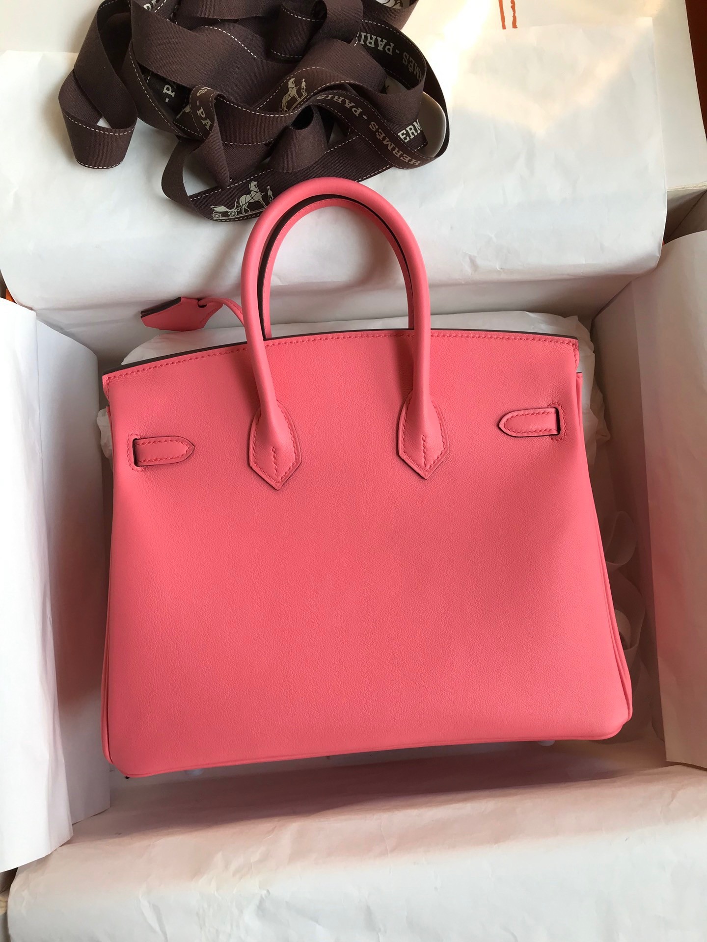 H**mes birkin 25 retourne handmade bag in rose lipstick swift calfskin