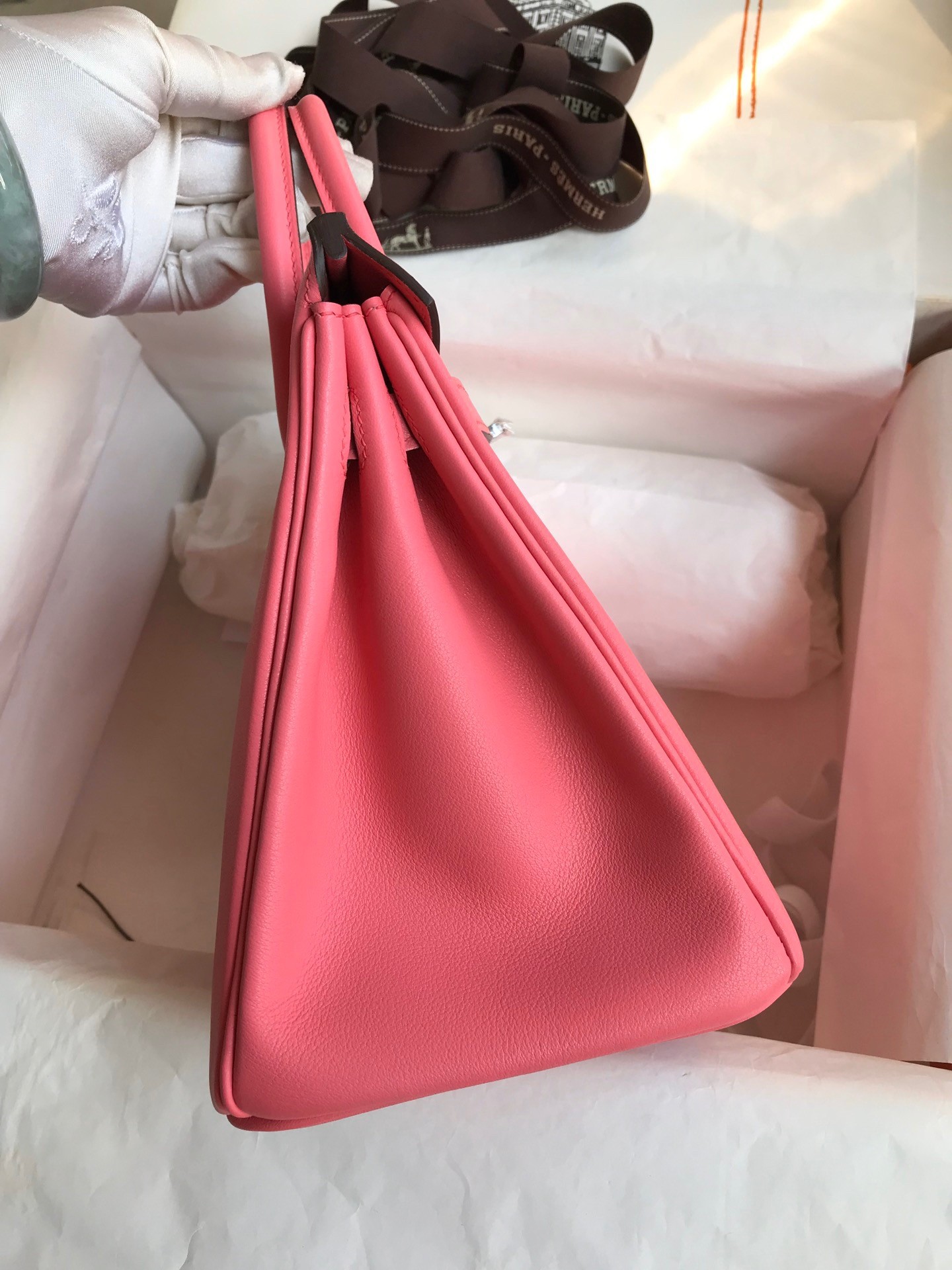 H**mes birkin 25 retourne handmade bag in rose lipstick swift calfskin
