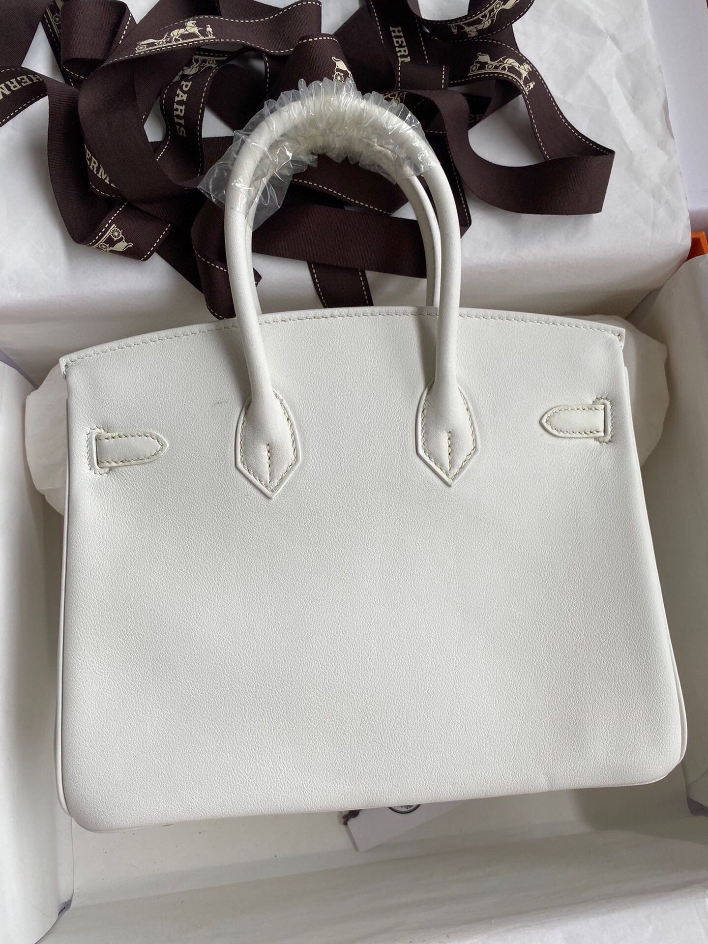 H**mes birkin 25 retourne handmade bag in white swift calfskin
