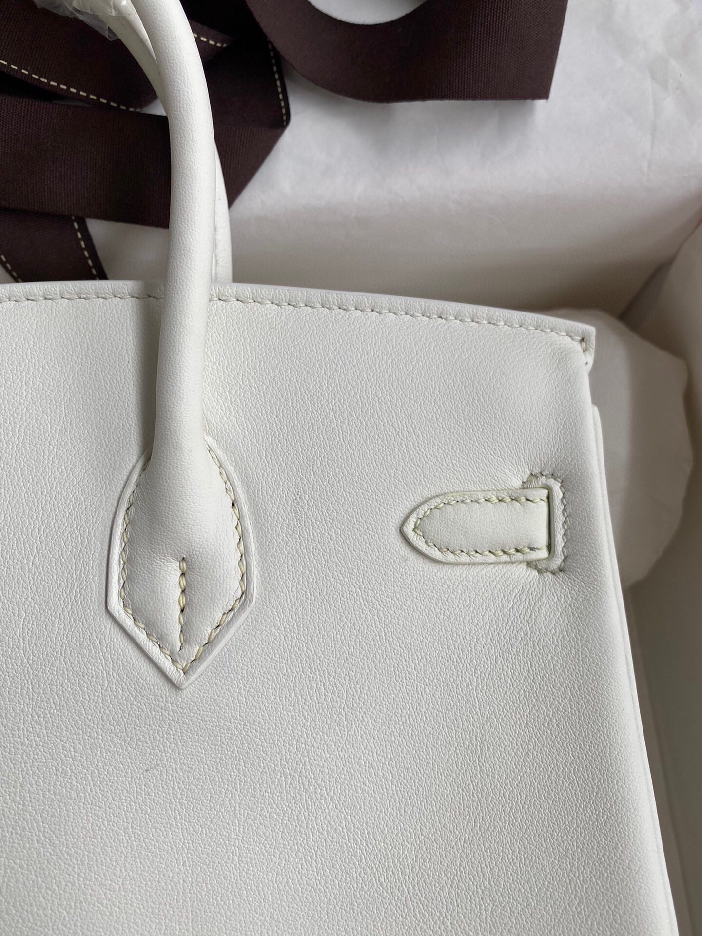 H**mes birkin 25 retourne handmade bag in white swift calfskin
