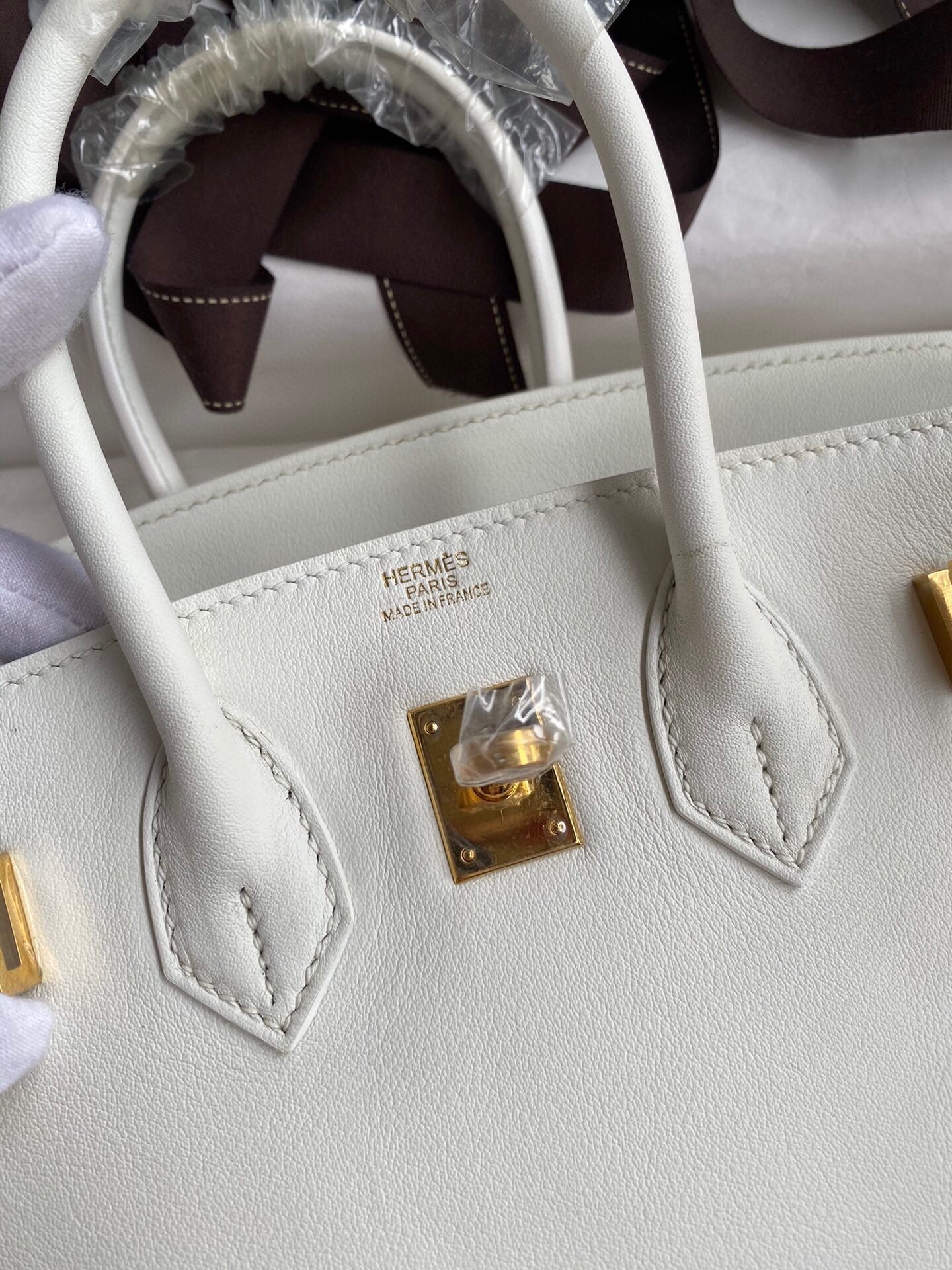 H**mes birkin 25 retourne handmade bag in white swift calfskin