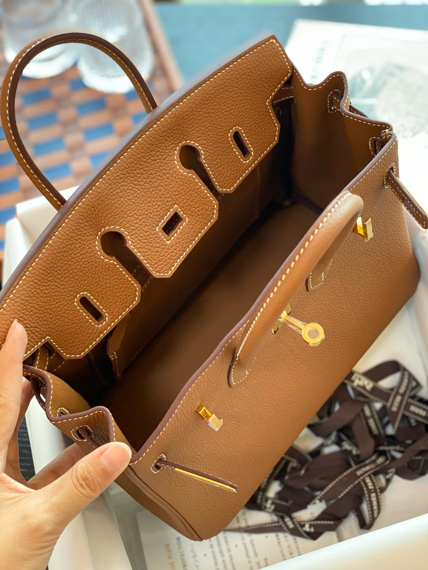 H**mes birkin 25 retourne handmade bag in gold togo leather