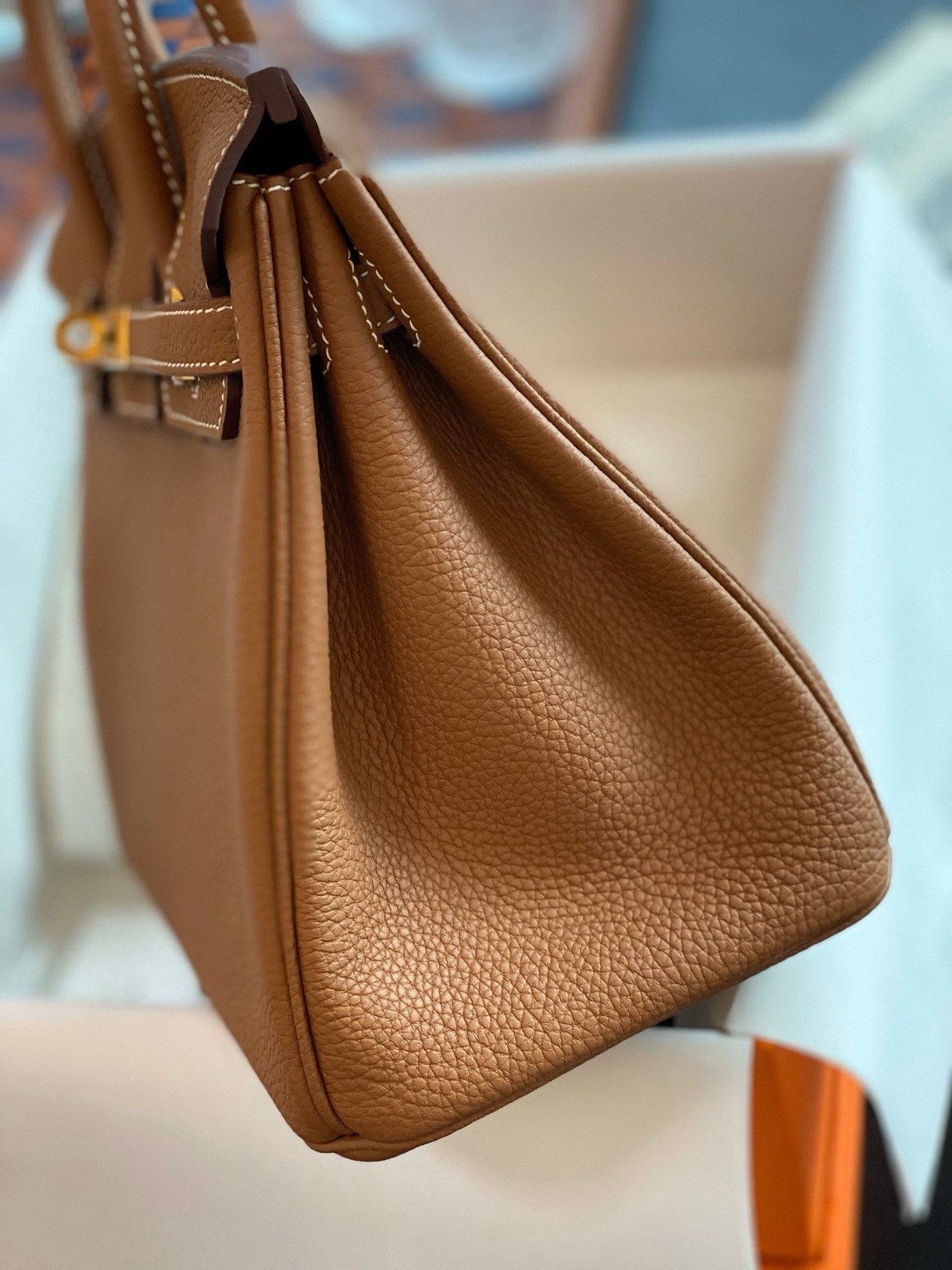 H**mes birkin 25 retourne handmade bag in gold togo leather