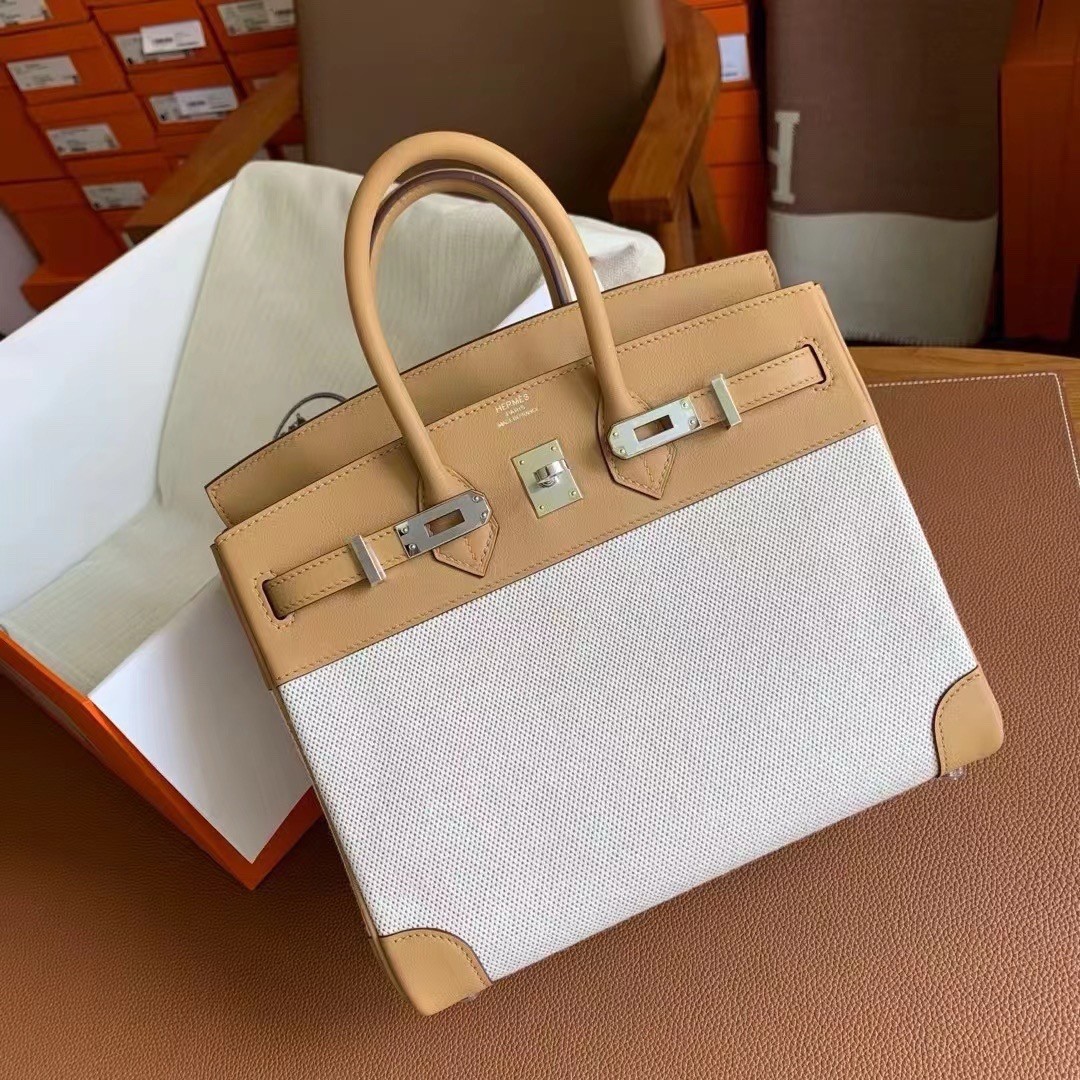 H**mes birkin 25 handmade bag in toile & biscuit swift leather