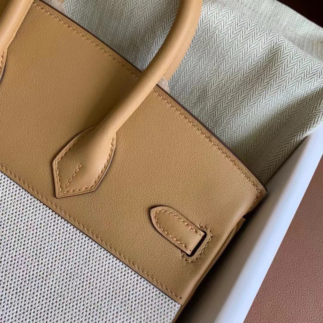 H**mes birkin 25 handmade bag in toile & biscuit swift leather
