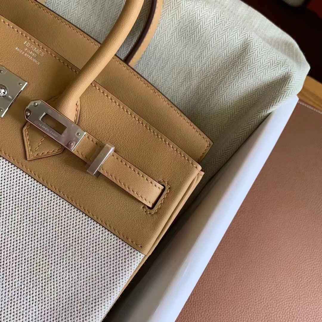 H**mes birkin 25 handmade bag in toile & biscuit swift leather