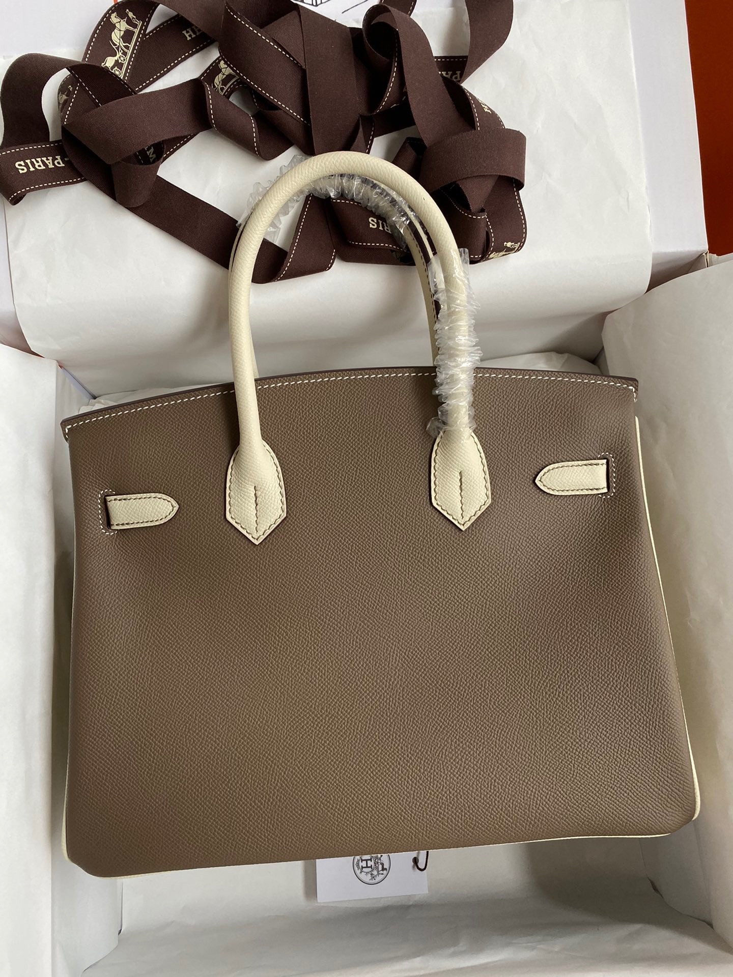 H**mes hss birkin 30 bicolor bag in taupe and craie epsom calfskin