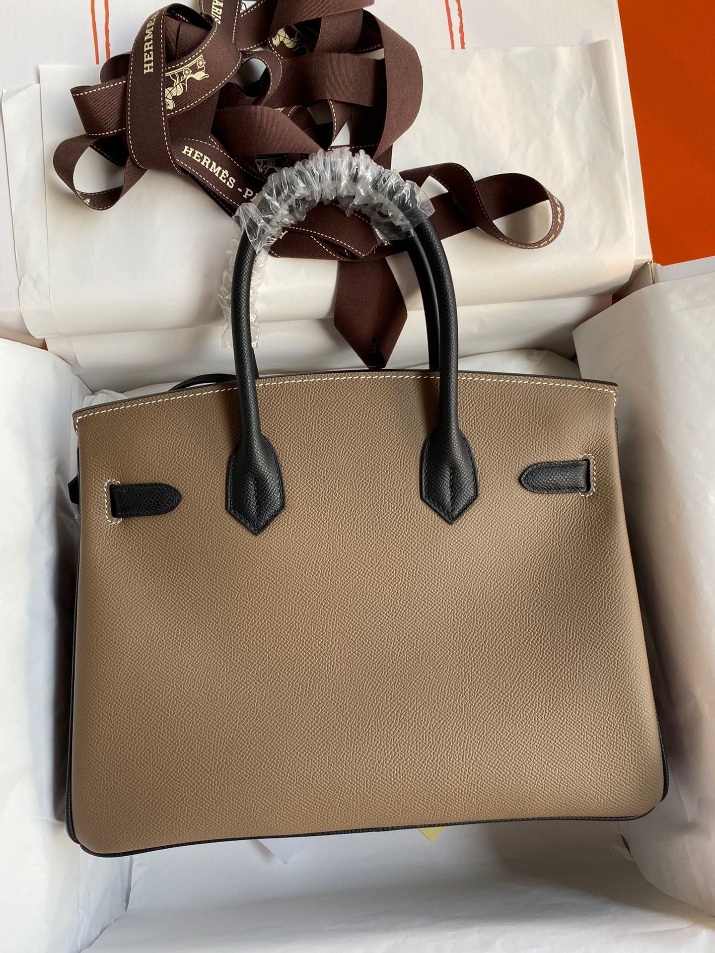 H**mes hss birkin 30 bicolor bag in taupe and black epsom calfskin