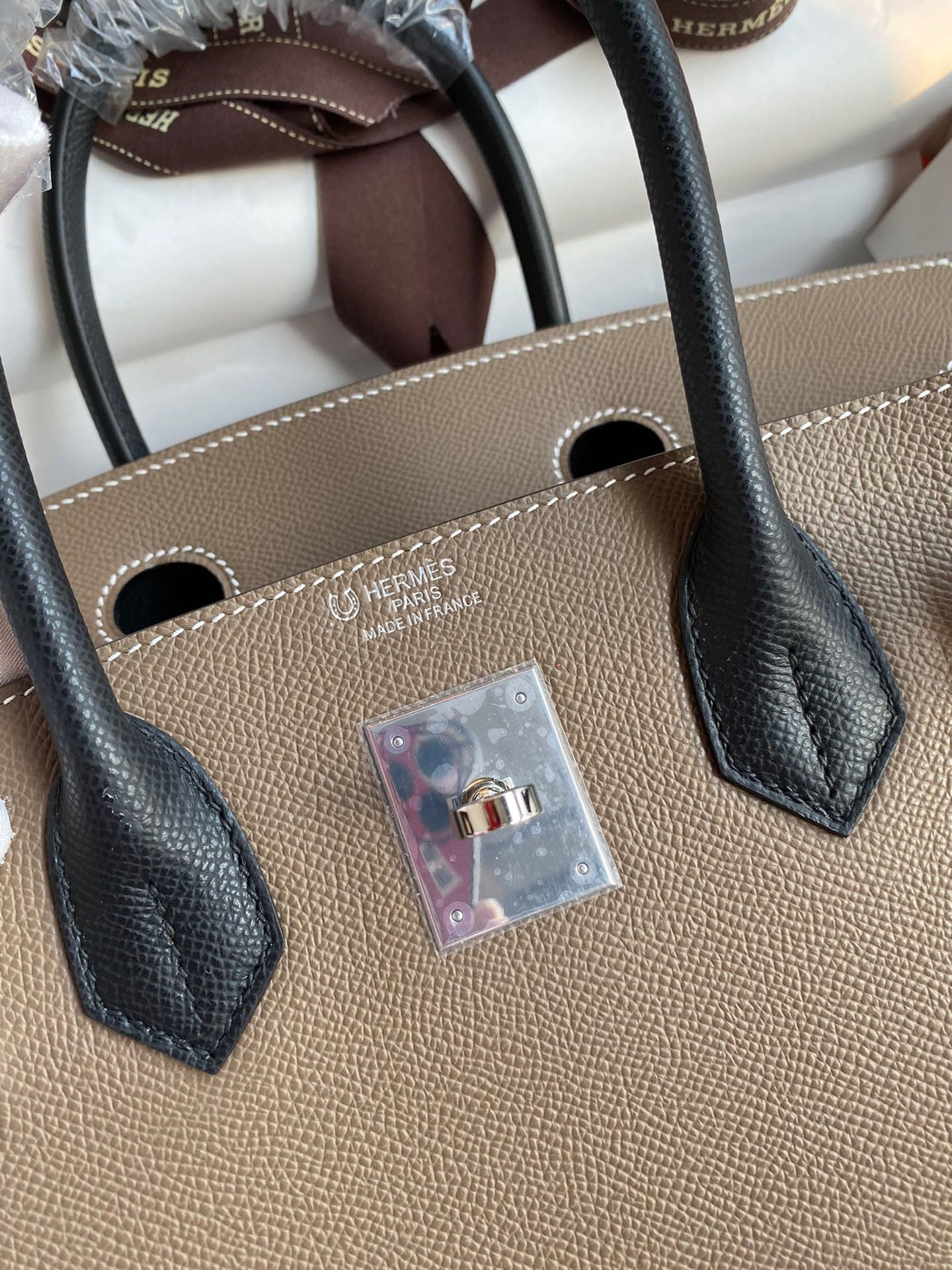 H**mes hss birkin 30 bicolor bag in taupe and black epsom calfskin