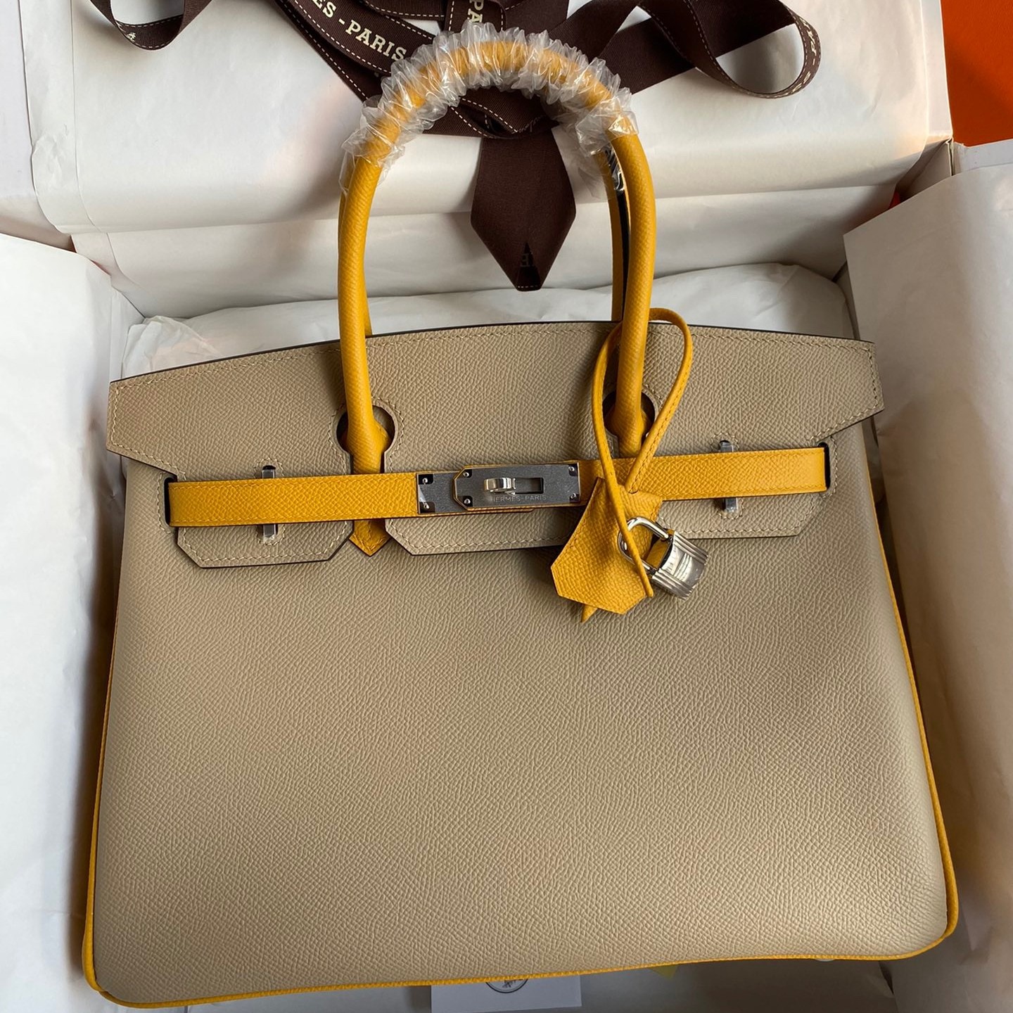 H**mes hss birkin 30 bicolor bag in trench and yellow epsom calfskin