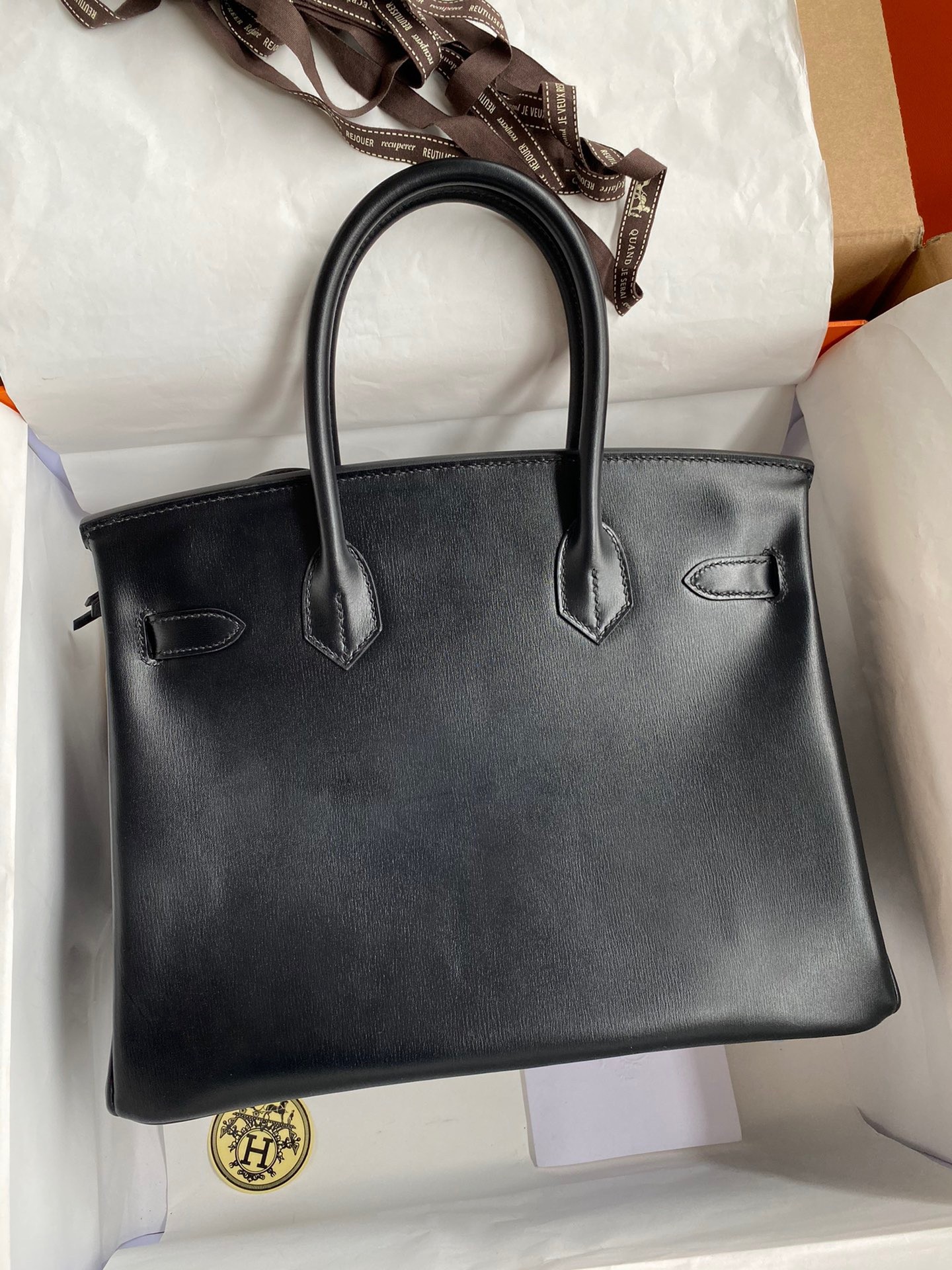 H**mes birkin 30 retourne handmade bag in black box calfskin