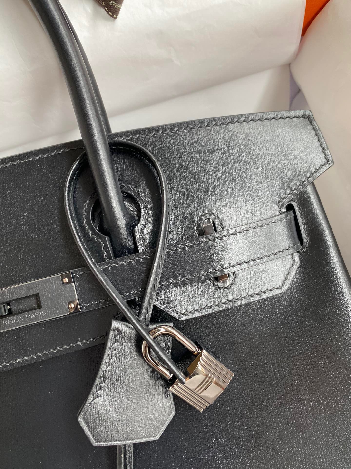 H**mes birkin 30 retourne handmade bag in black box calfskin