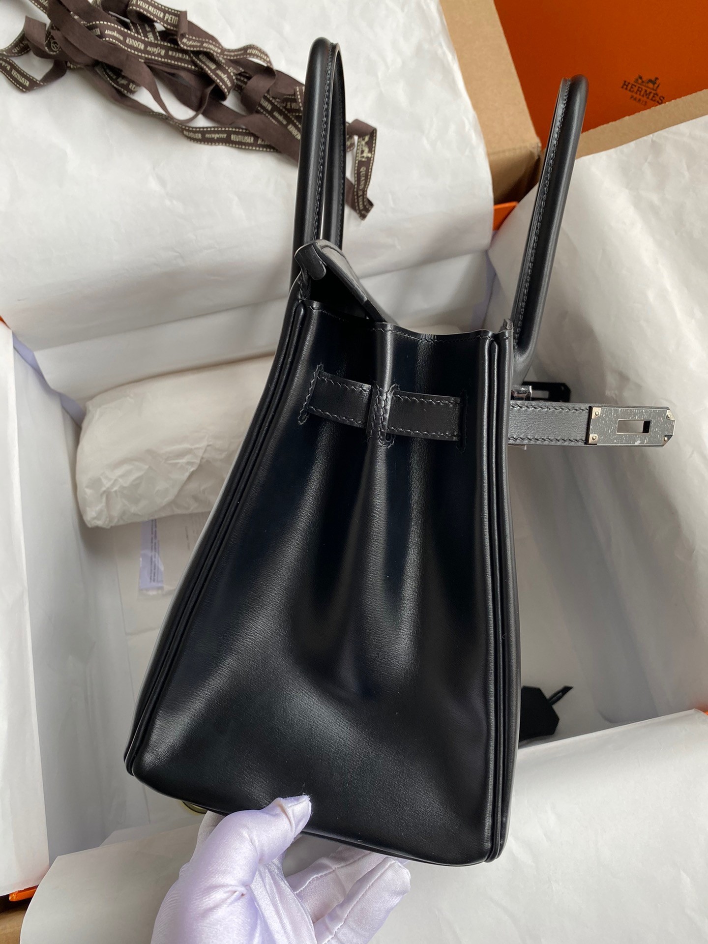 H**mes birkin 30 retourne handmade bag in black box calfskin