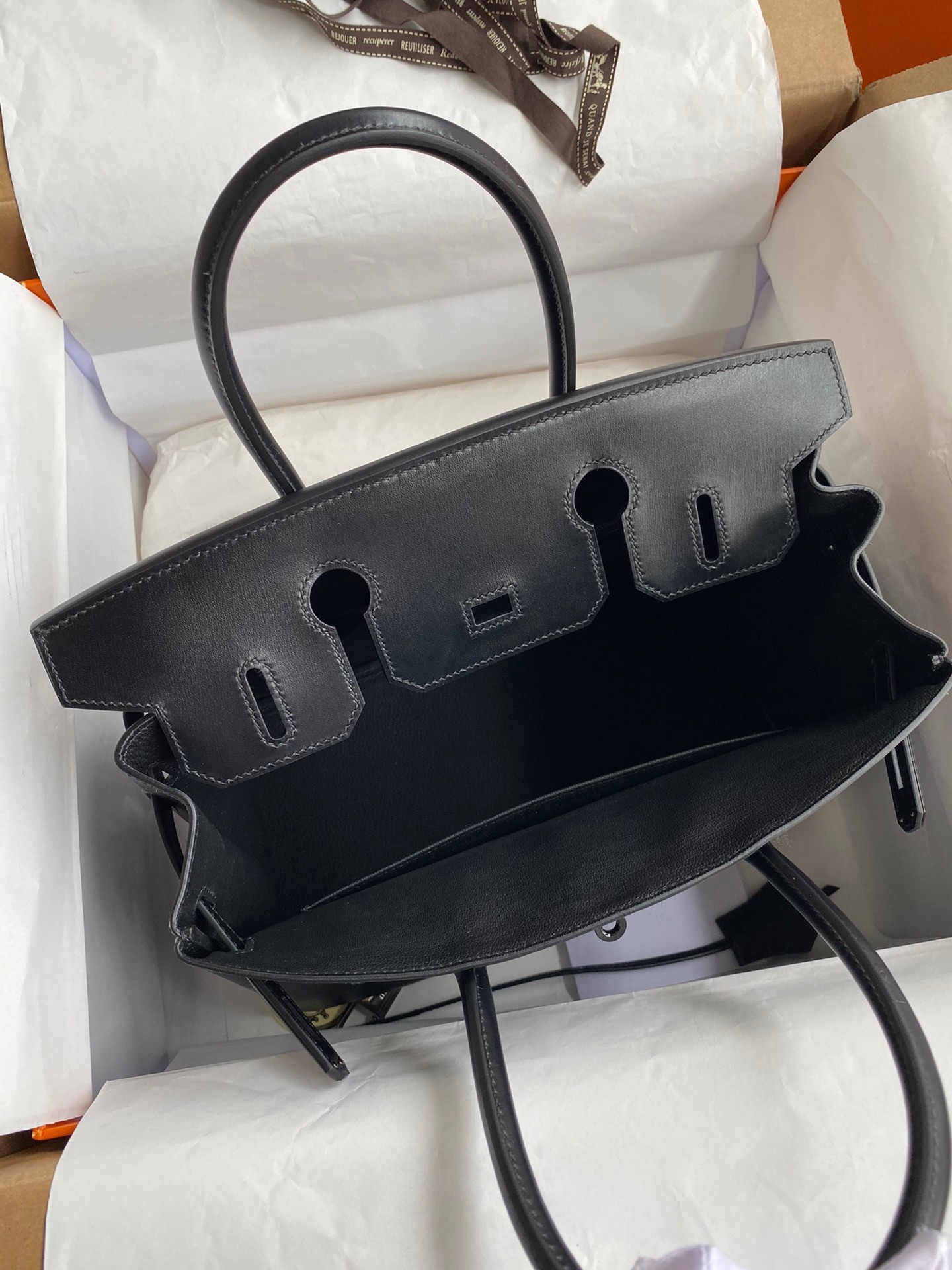 H**mes birkin 30 retourne handmade bag in black box calfskin