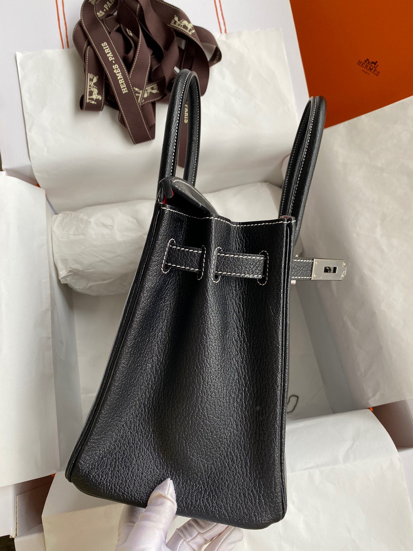 H**mes hss birkin 30 bicolor bag in black and red chevre mysore leather